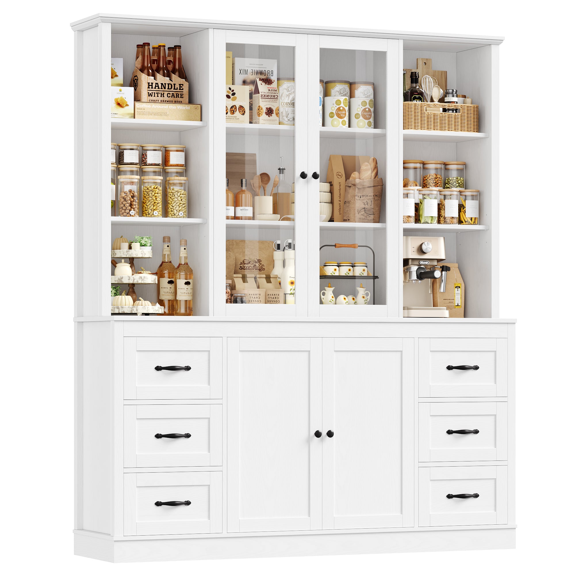 Hiphuta 63" Wide Large Kitchen Pantry Cabinet with Glass Door, 74" Tall Kitchen Storage Cabinet with 6 Drawers, Farmhouse kitchen Hutch for Kitchen Dining Room, White