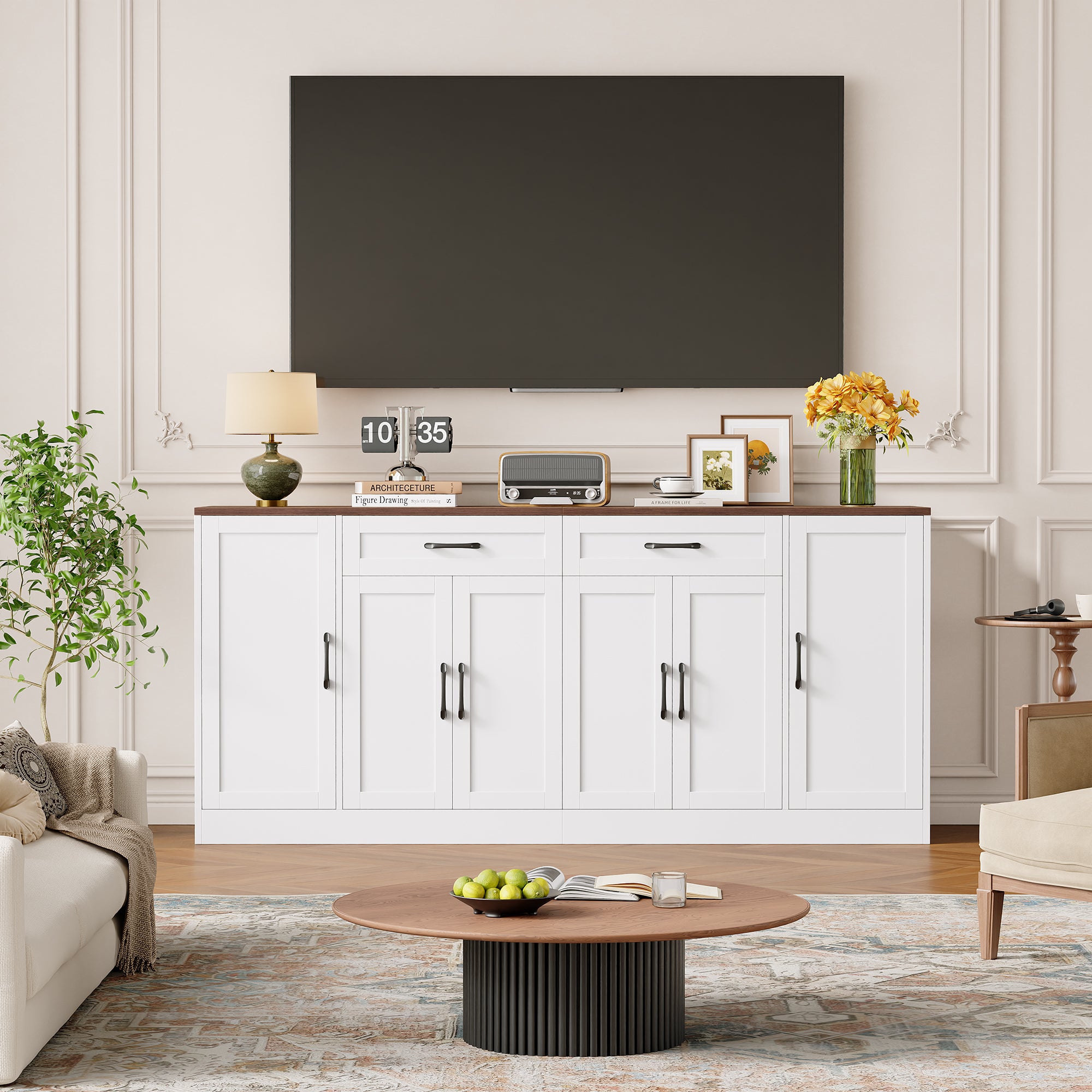 Hiphuta 70.8"W Large Buffet Cabinet with Storage, Modern Farmhouse Sideboard with 6 Doors, Coffee Bar for Kitchen Dining Room Living Room, White