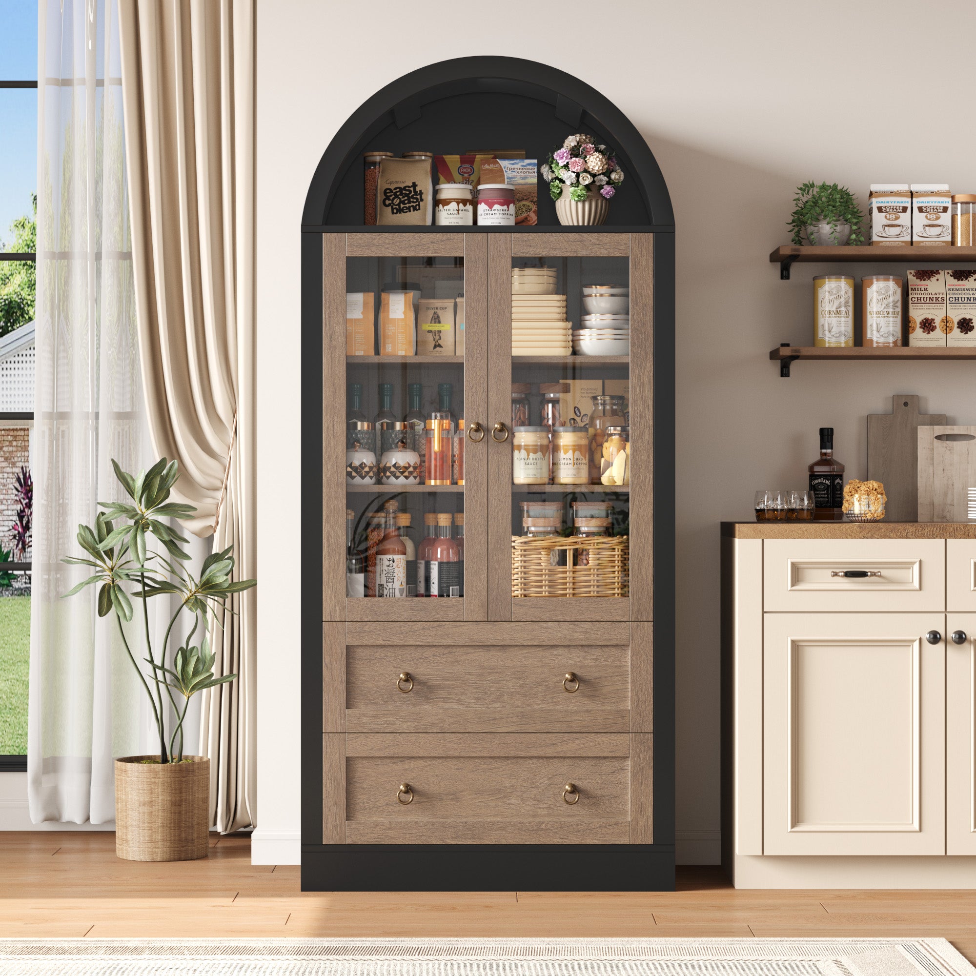 Hiphuta 70" Tall Arched Kitchen Pantry Storage Cabinet with 2 Large Drawers, Freestanding Modern Farmhouse Versatile Hutch Cupboard for Dining Room, Black & Oak