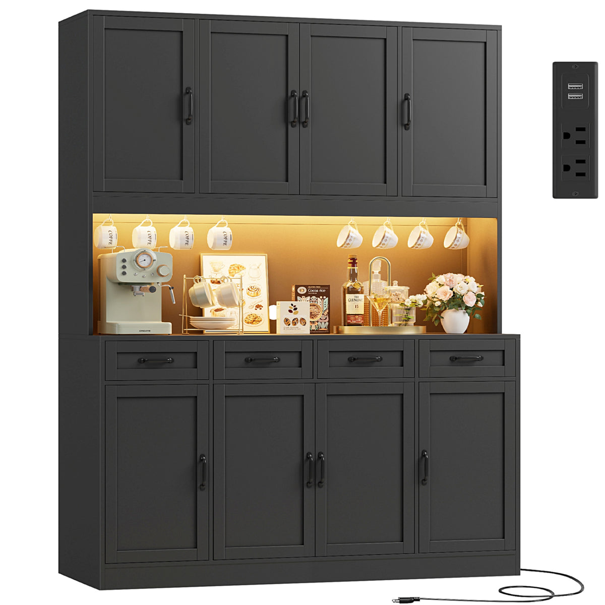 Hiphuta 59" Wide Kitchen Pantry Cabinet with 8 Doors and 4 Drawers, Extra Large Hutch Cabinet with RGB LED and Charging Station, Coffee Bar with 4 Adjustable Shelves, Black