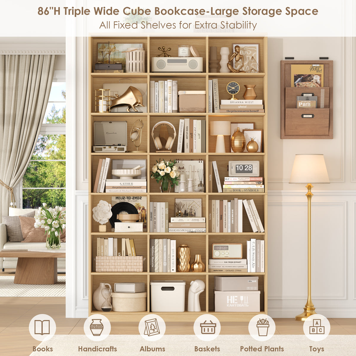 Hiphuta 86"H x 47"W Wood Triple 7-Tier Standard Bookcase, Tall Bookcase for Bedroom, Living Room and Office, Freestanding 21 Cubes Display Storage Shelves, Natural