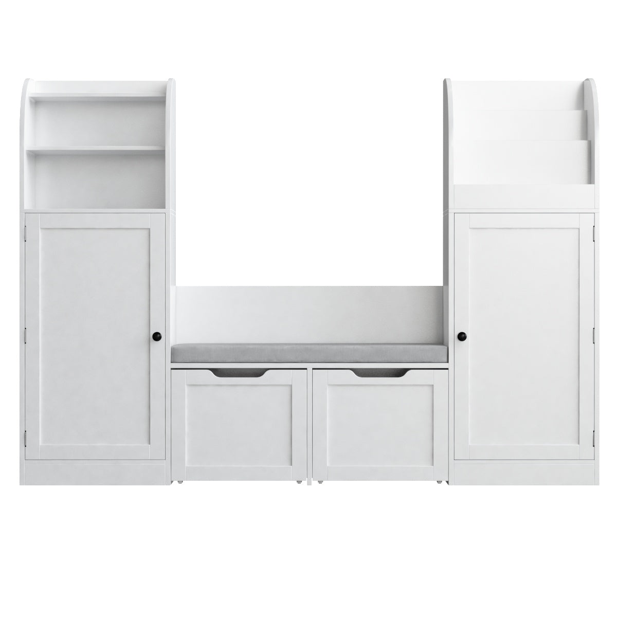 Hiphuta Kid Bookcase with Reading Nook and 2 Door-Mounted Shelves, Toy Storage Organizer with Cushioned Bench and Drawers, for Children's Bedroom Playroom, White