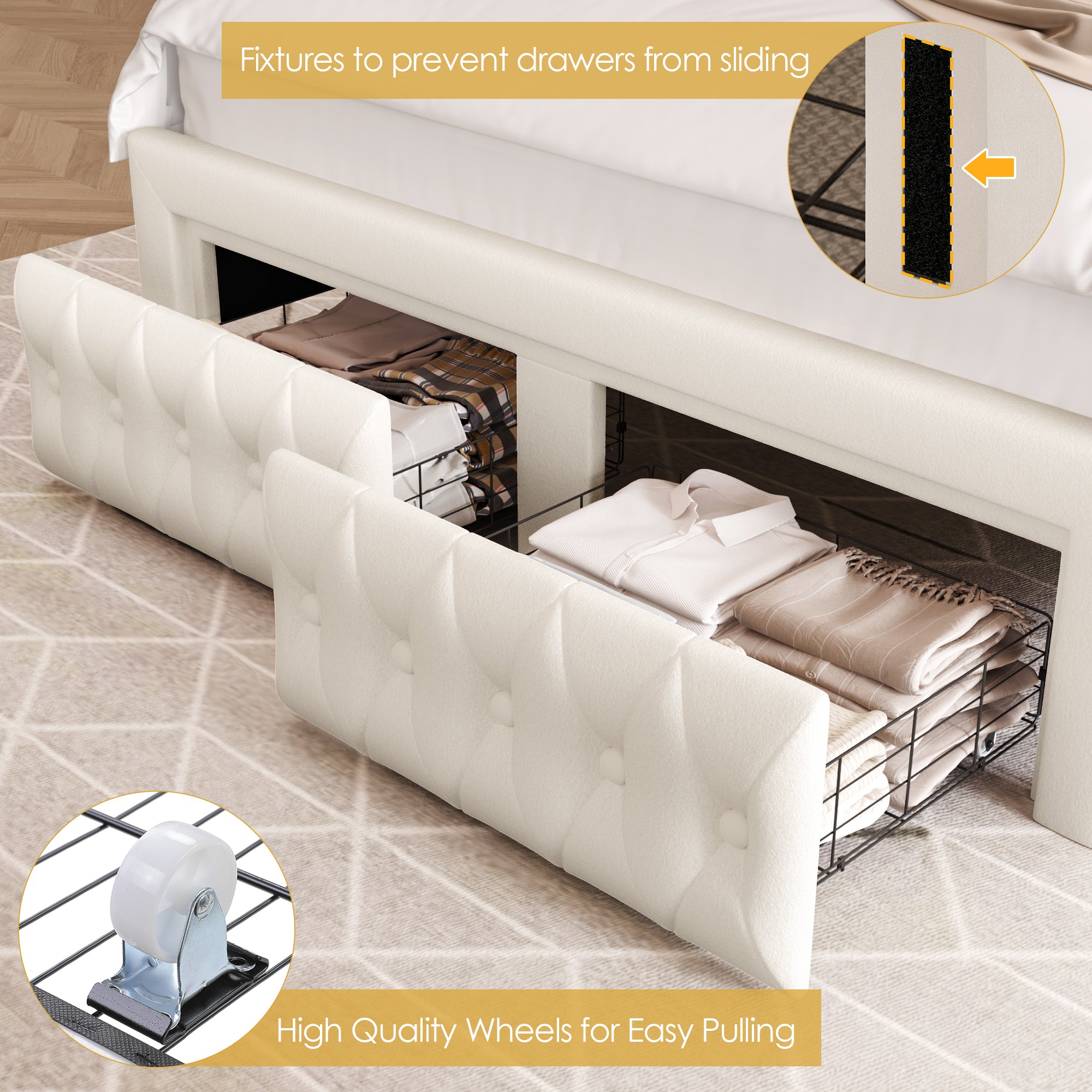 Hiphuta King LED Bed with 2 Drawers, LED Lights Platform Bed Frame with Upholstered Button Tufted Headboard, No Box Spring Needed, Velvet White