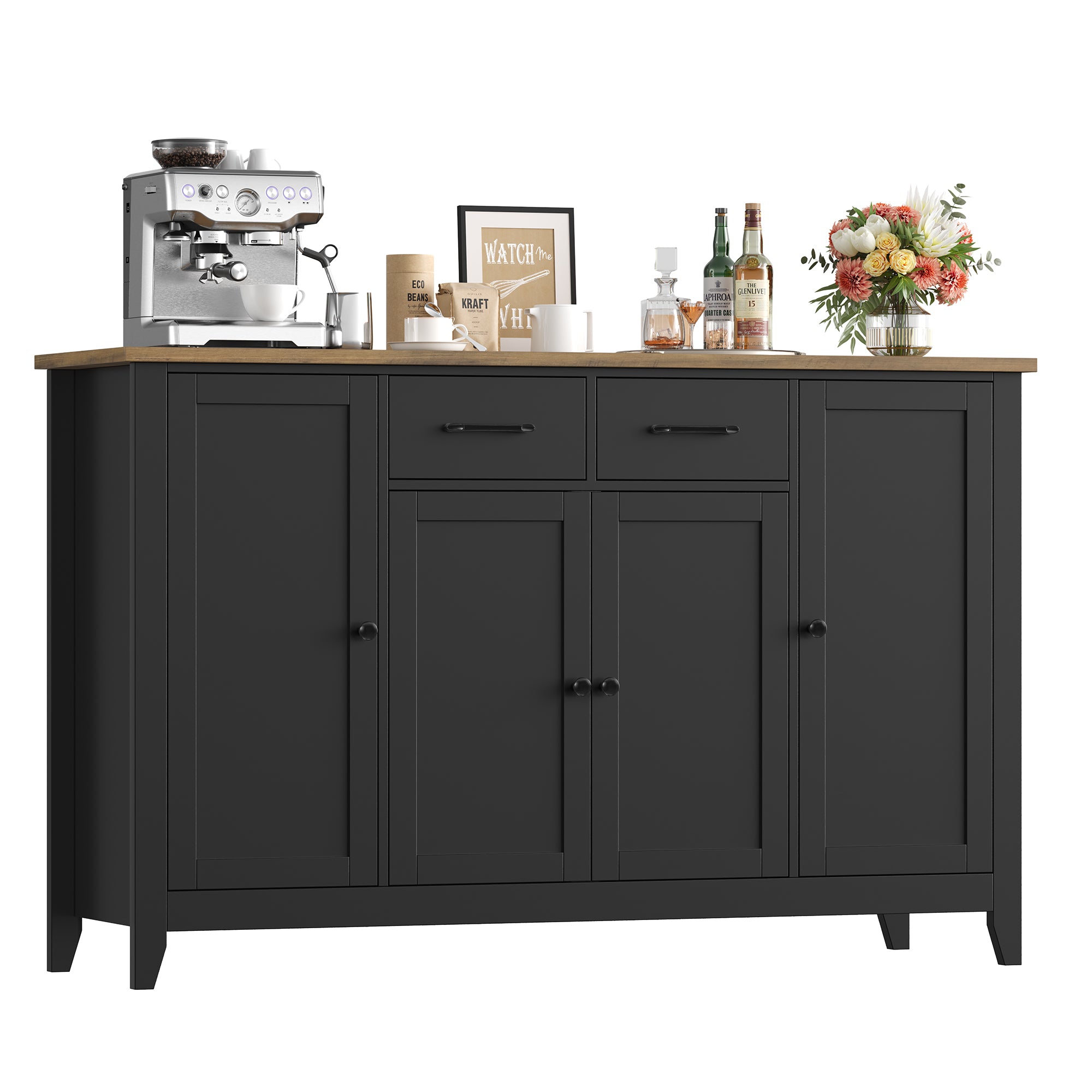 Hiphuta 55" Wide Buffet Cabinet with 2 Drawers & Adjustable Shelves, Modern Coffee Bar Cabinet with 2 Drawers and Sturdy Base for Living Room, Black