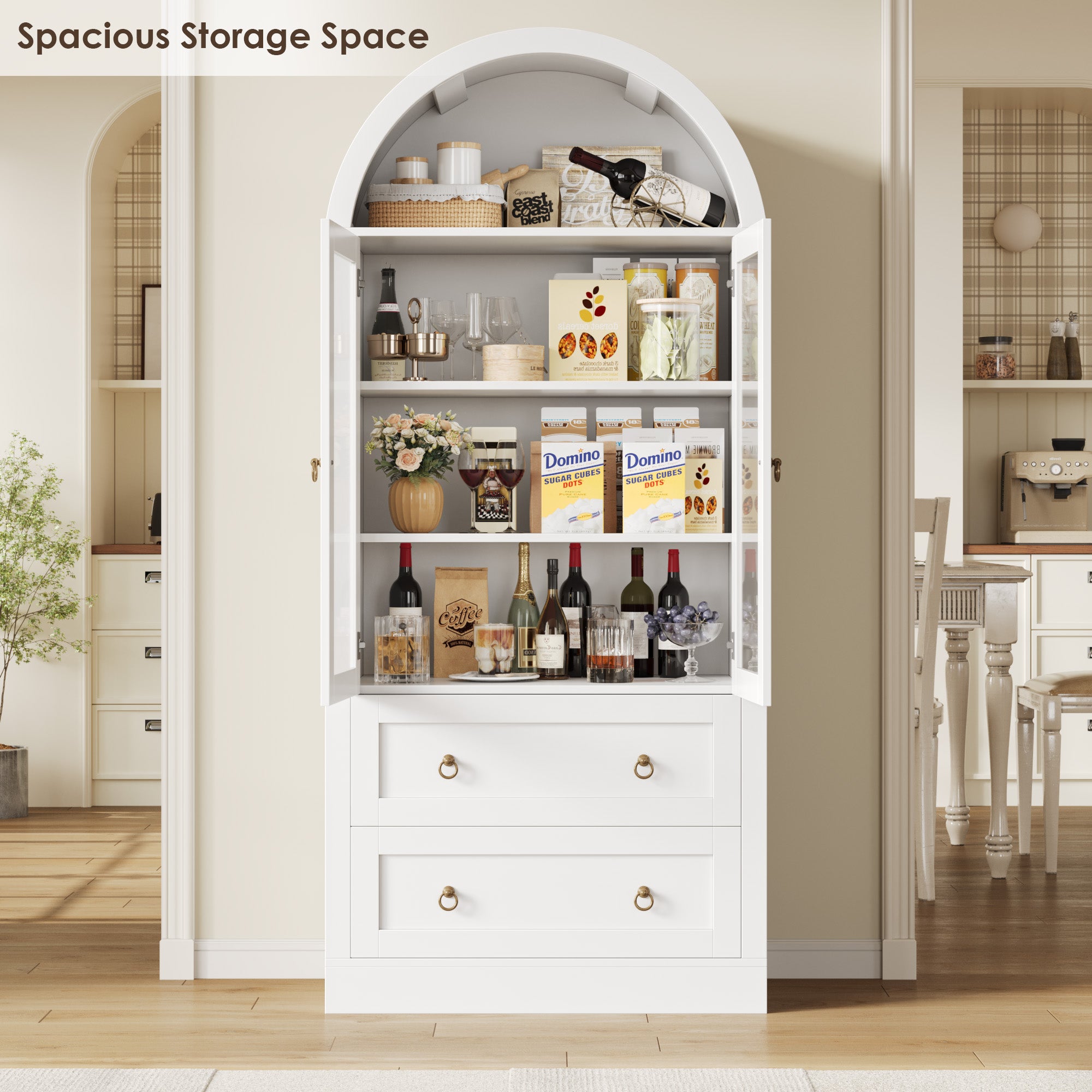 Hiphuta 70" Tall Arched Kitchen Pantry Storage Cabinet with 2 Large Drawers, Freestanding Modern Farmhouse Versatile Hutch Cupboard for Dining Room, White