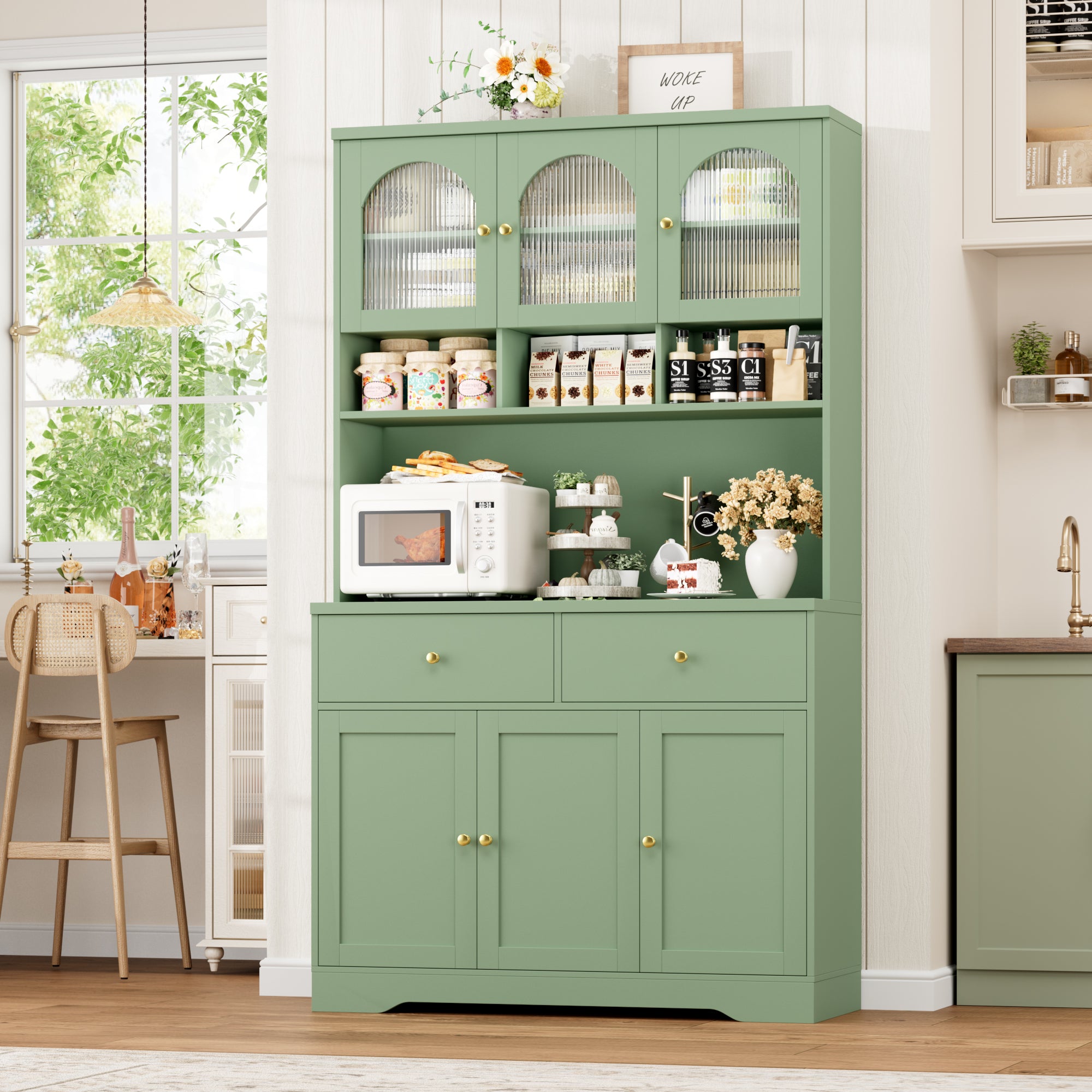 Hiphuta 71"in Modern Kitchen Pantry Storage Cabinet, Freestanding Kitchen Hutch Cabinet with Adjustable Shelves & Microwave Stand, Modern Coffee Hutch for Dining Room, Green