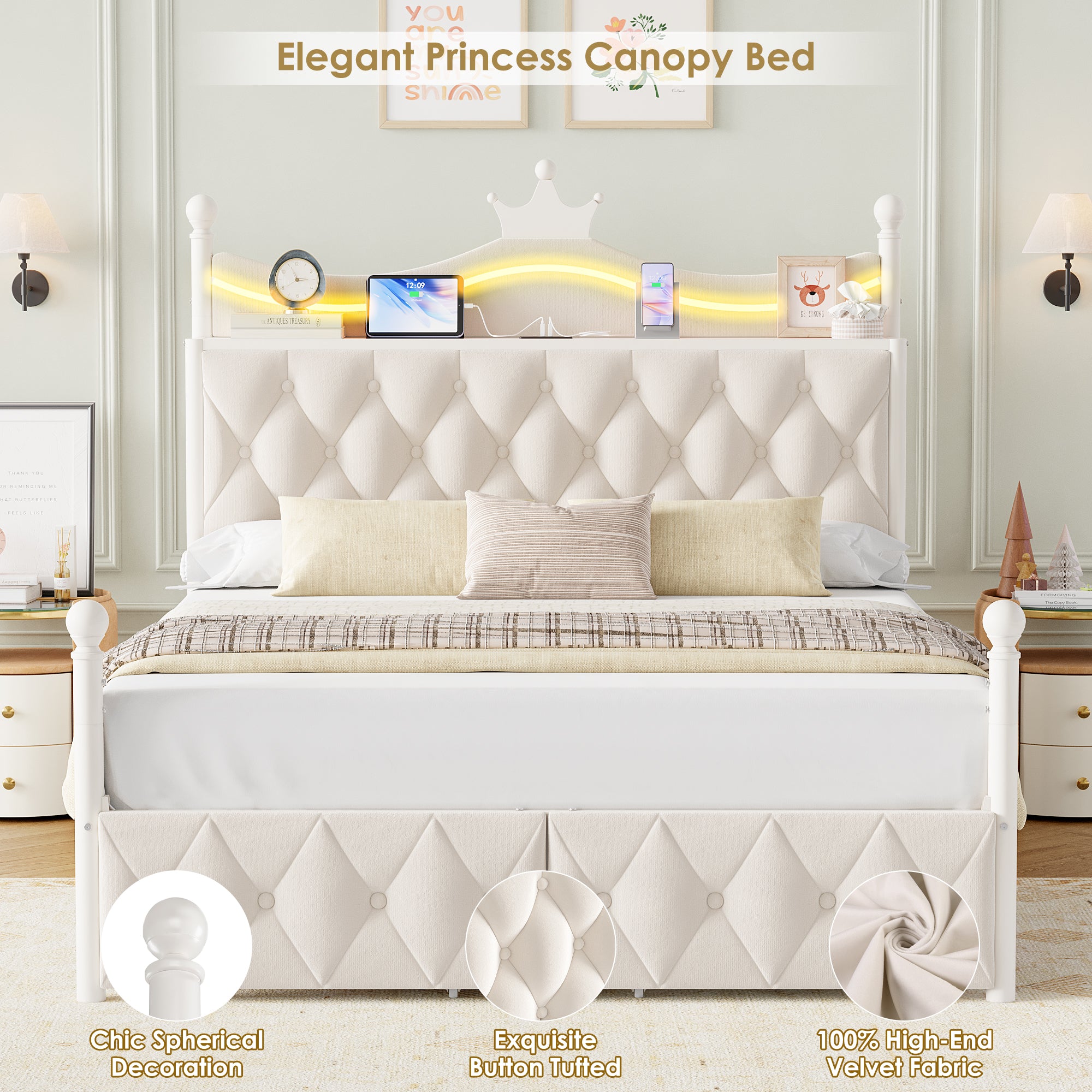 Hiphuta Queen Size Crown Canopy Bed with Power Outlet & LED, Upholstered Princess Beds with 4 Removable Posts, Queen Velvet Bed for Adults, Curtain Not Included, White