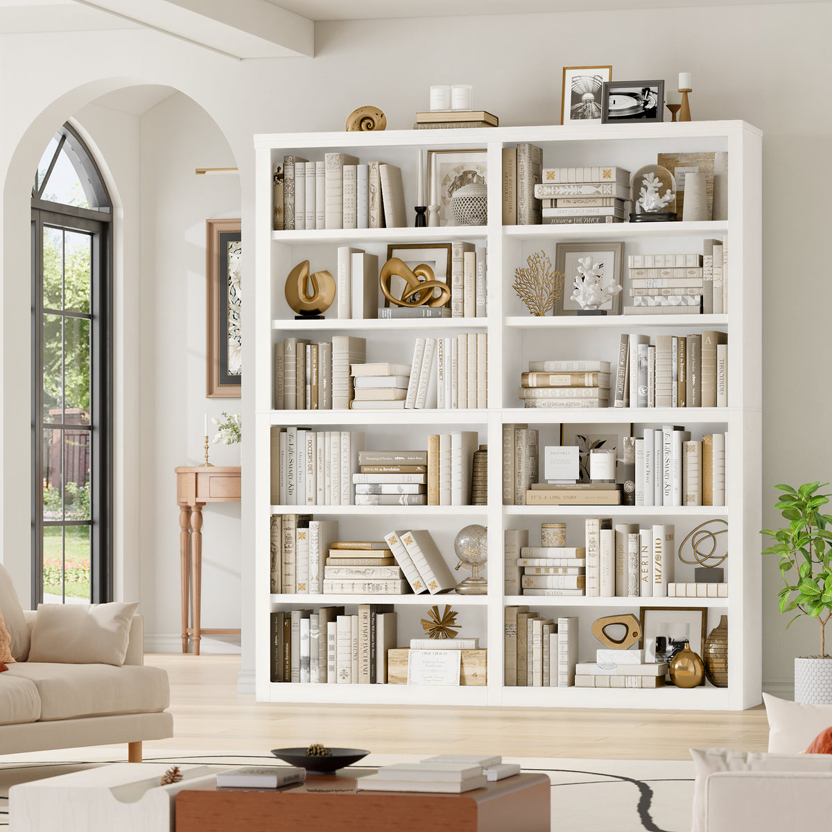 Hiphuta 63"W Extra Large and Sturdy Bookcase, Double Wide 6-Tier Bookshelf, For Home Office and Living Room, Wooden Freestanding Display Shelf, White