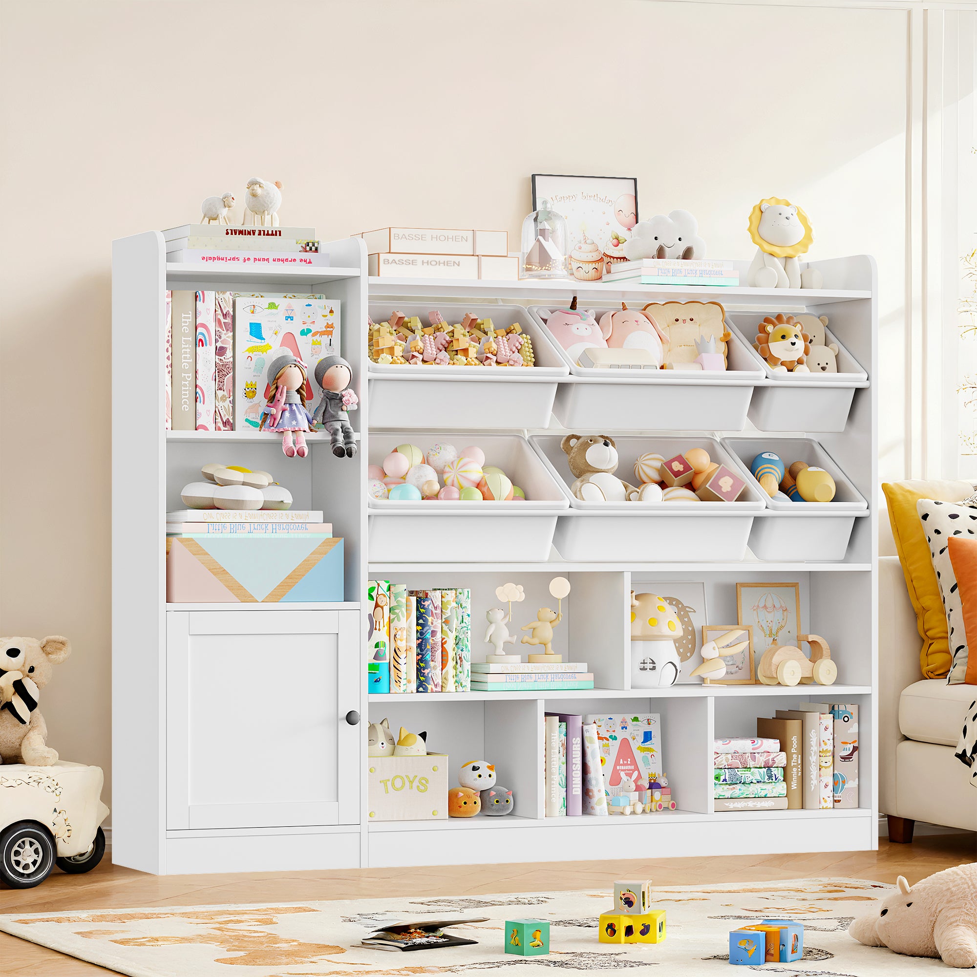 Hiphuta Kids Toy Organizer, Wood Toy Cabinet of 8 Compartments & 6 Movable Bins, White Bookshelf for Kids Bedroom