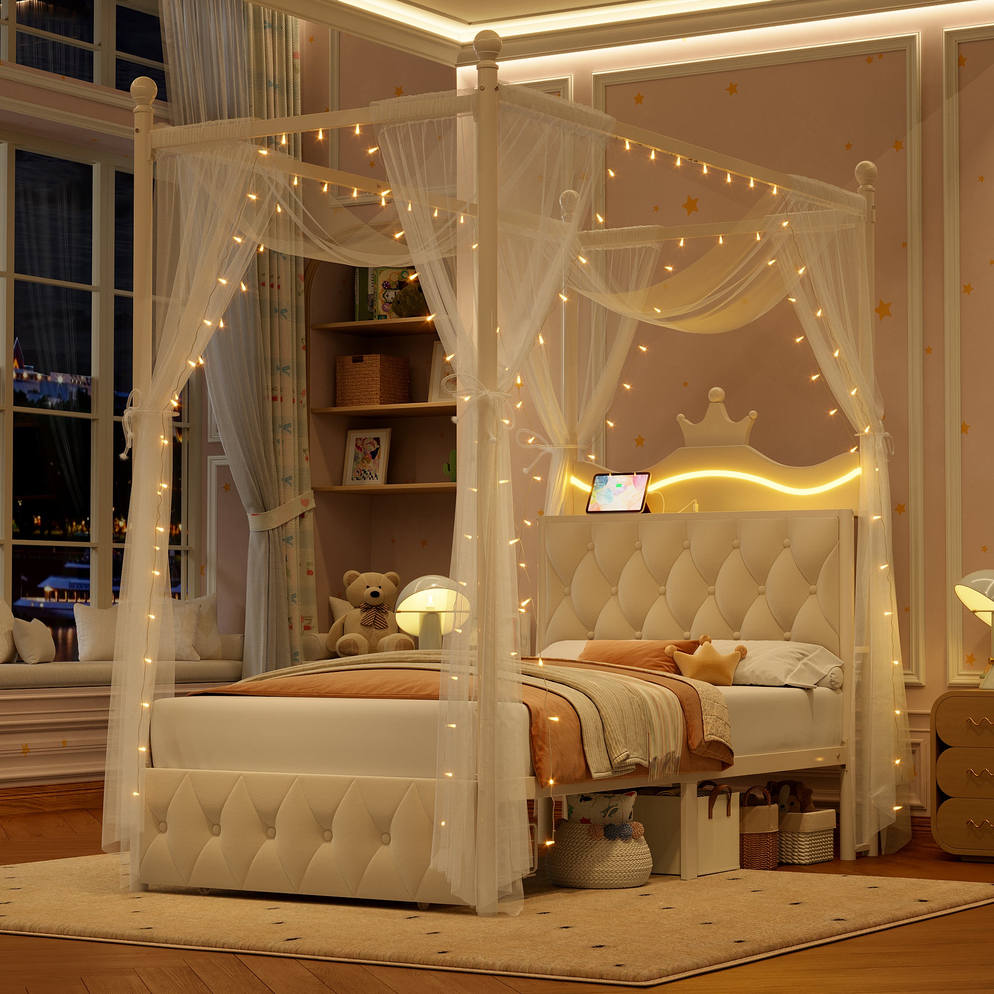 Hiphuta Twin Size Crown Canopy Bed with Power Outlet & LED, Upholstered Princess Beds with 4 Removable Posts, Twin Bed Frame, White