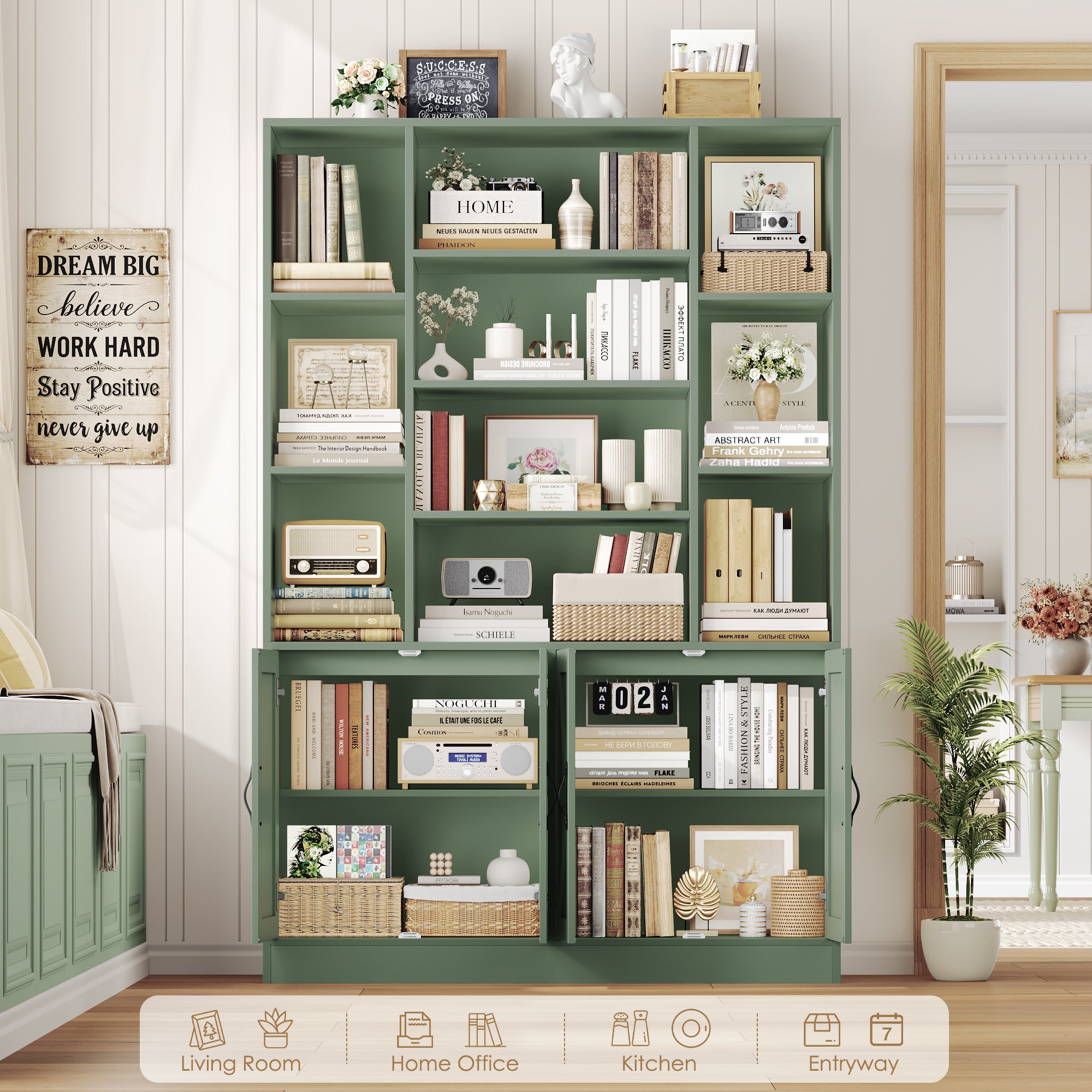Hiphuta 75" Tall Modern Bookcases with 2 Double Door Cabinet, 47"Wide Wooden Storage Bookshelf for Living Room Home Office Entryway, Green