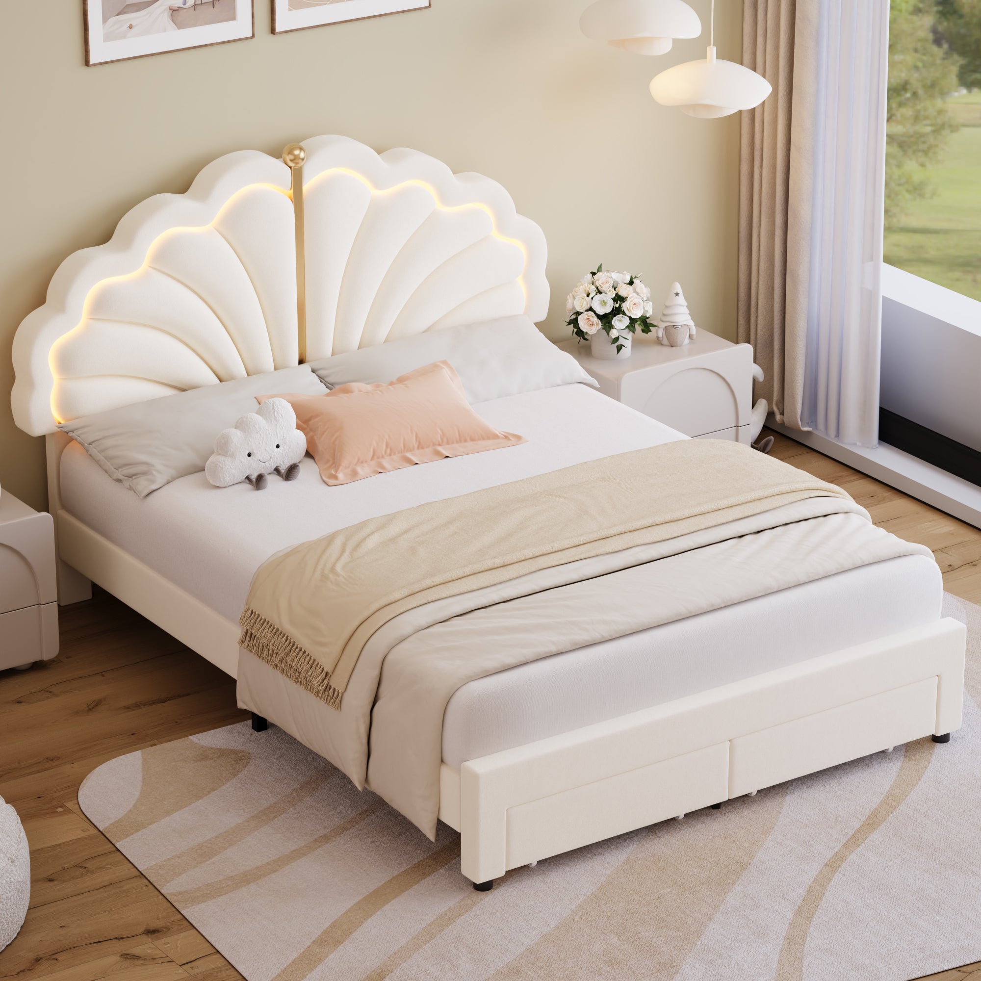 Hiphuta Kids LED Full Bed with 2 Drawers, LED Lights Platform Bed Frame with Upholstered Tufted Headboard, No Box Spring Needed, Velvet White