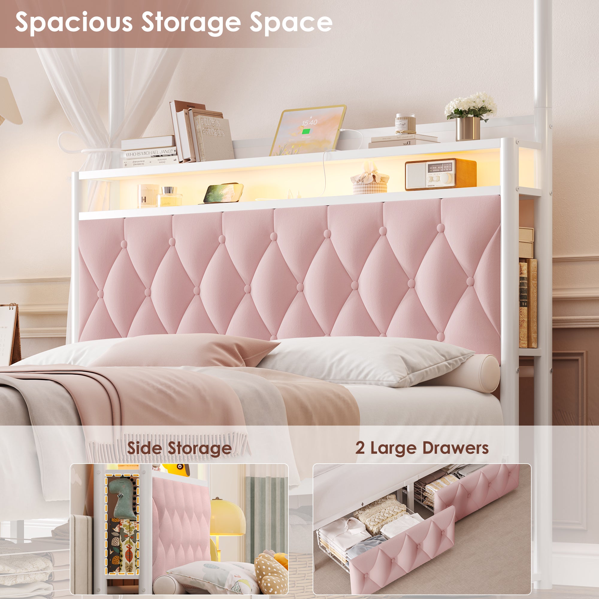Hiphuta Full Size Upholstered Canopy Bed with Charging Station & Storage Drawer, Metal Platform Bed with Button Tufted Headboard, Full Bed for Kids, Curtain Not Included, Pink