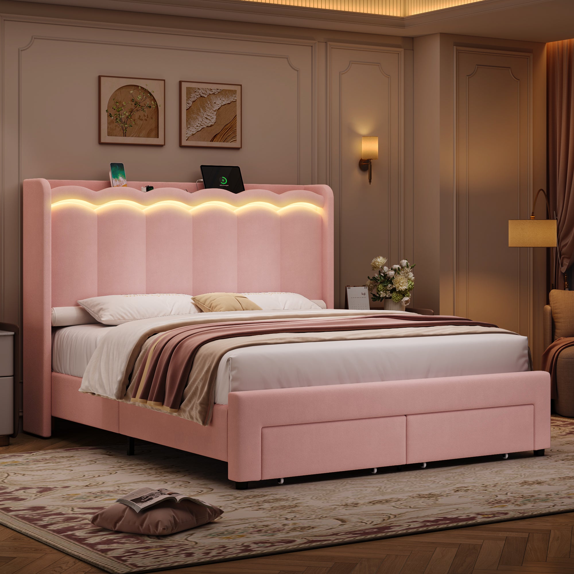 Hiphuta Queen Size Bed with Power Outlet & LED, Upholstered Velvet Beds with Drawer, Queen Beds with Headboard Storage, Pink