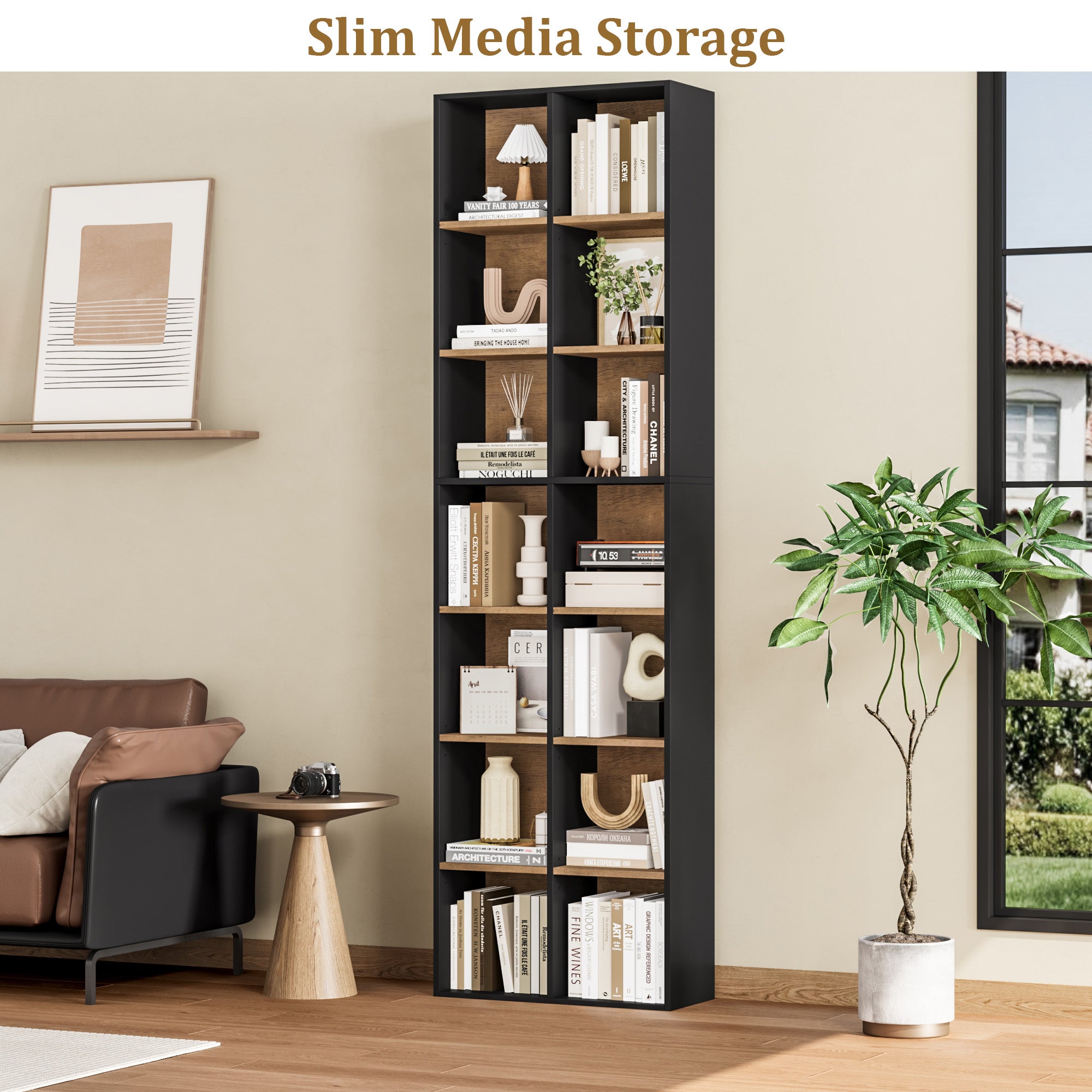 Hiphuta Tall Narrow Bookshelf 14 Tiers, Compact Corner Bookcase, Easy to Match for Living Room, Office, Study, Bedroom, Black & Oak