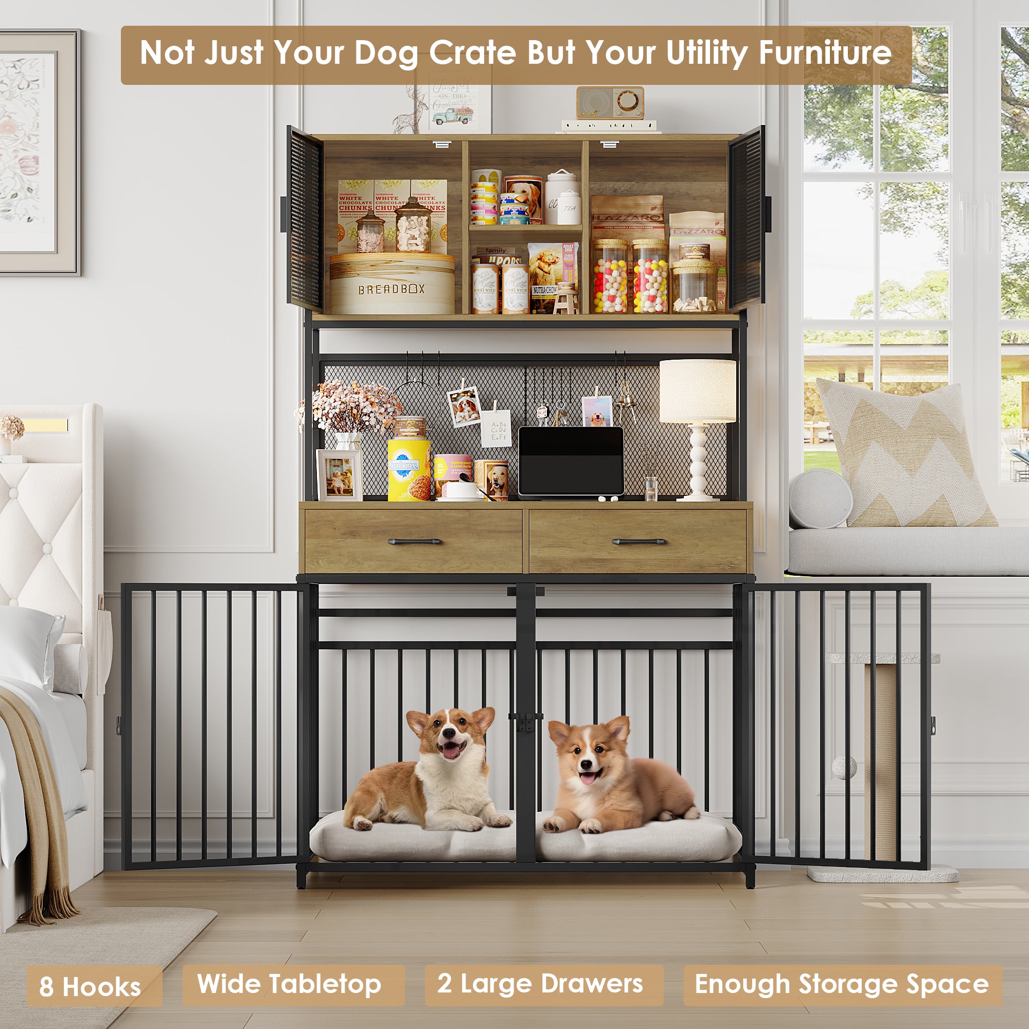 Hiphuta Dog Crate Furniture, Wooden Dog Crate with Drawers, Large Dog Cage Furniture for Living Room, Decorative Pet Sturdy Dog Kennel Furniture for Indoor, Rustic Brown