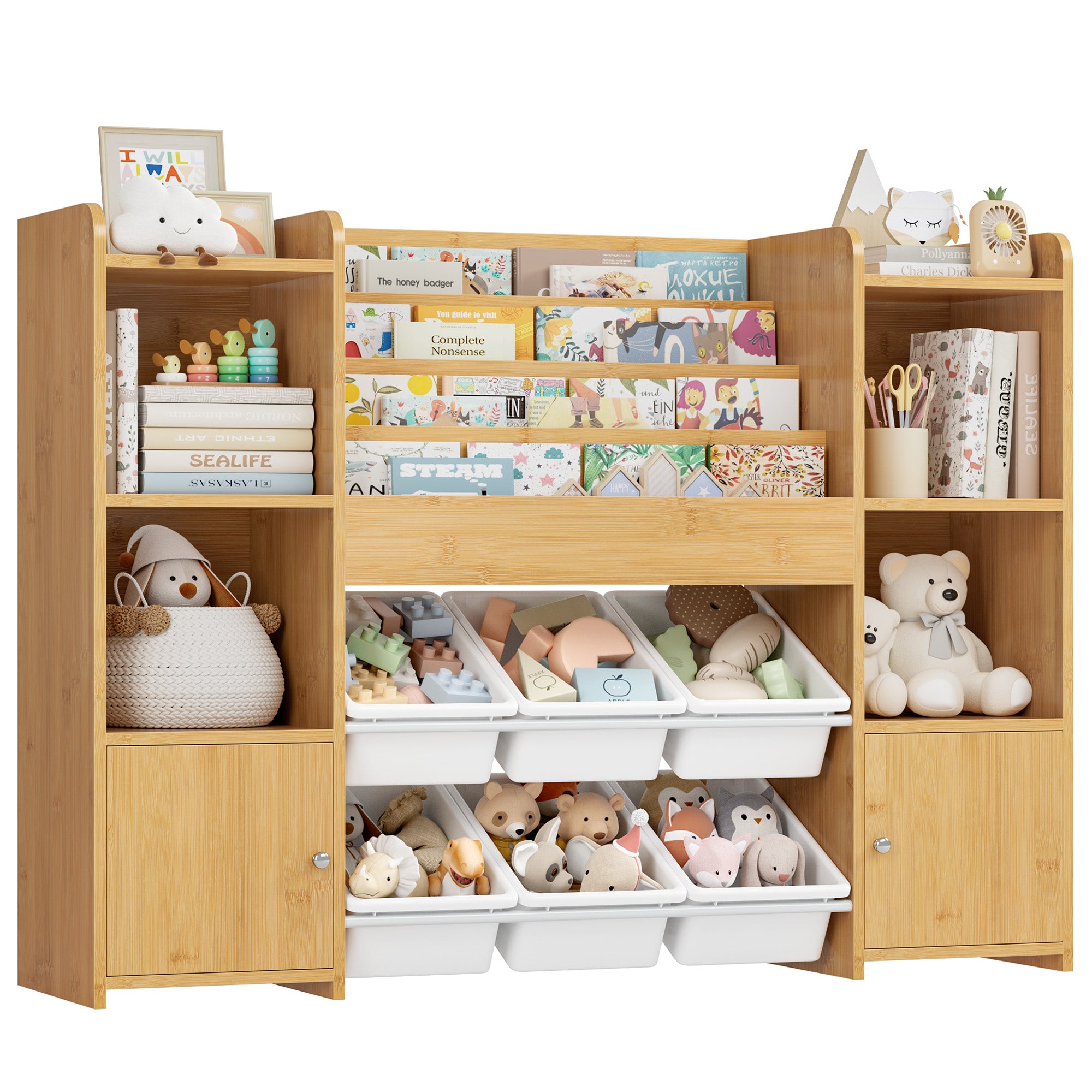 Hiphuta Kids Bookshelf with Toy Storage Organizer, Wood Bookcase Toy Organizer with 6 Removable Bins, Book Shelf for Kids Bedroom Playroom, Natural