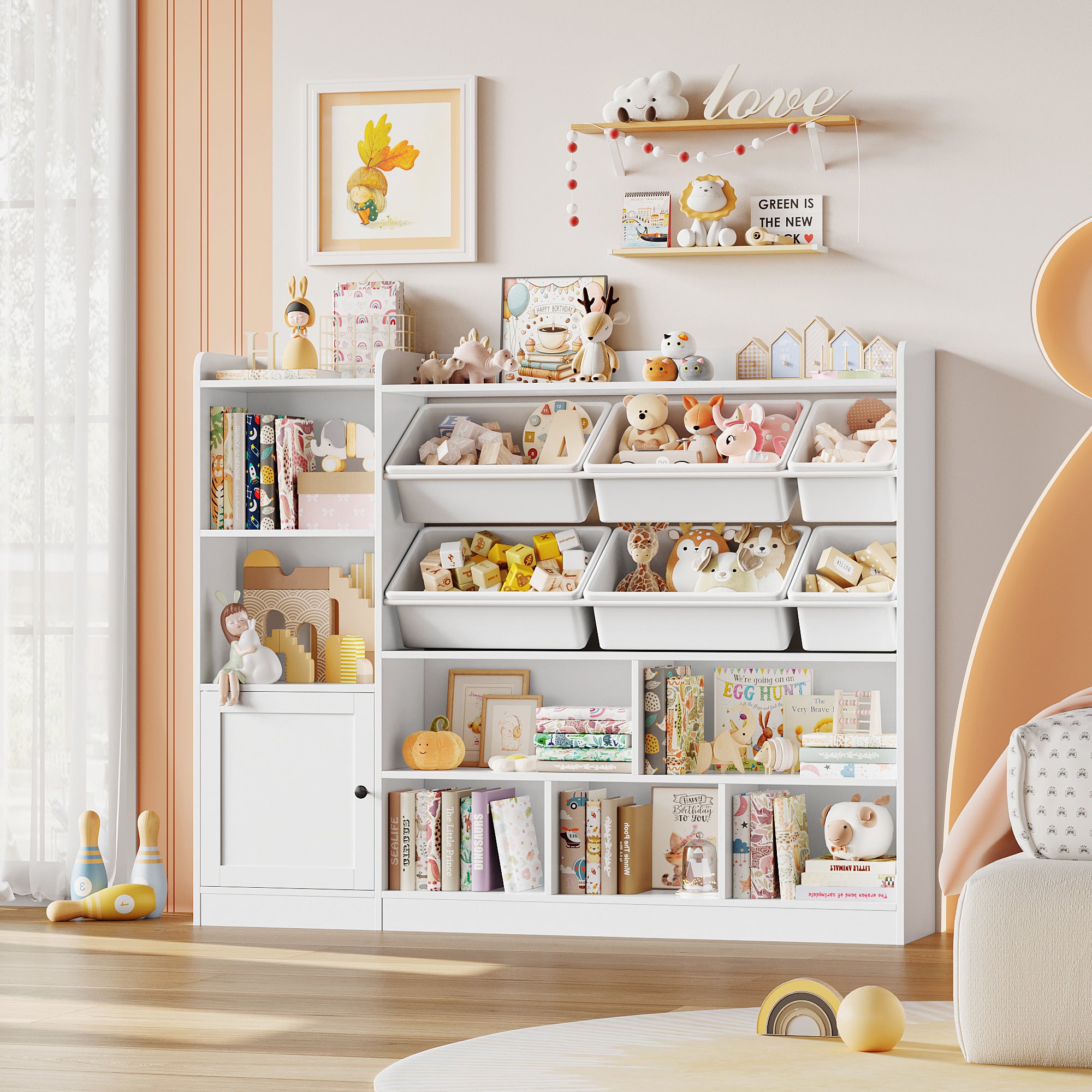 Hiphuta Kids Toy Organizer, Wood Toy Cabinet of 8 Compartments & 6 Movable Bins, White Bookshelf for Kids Bedroom