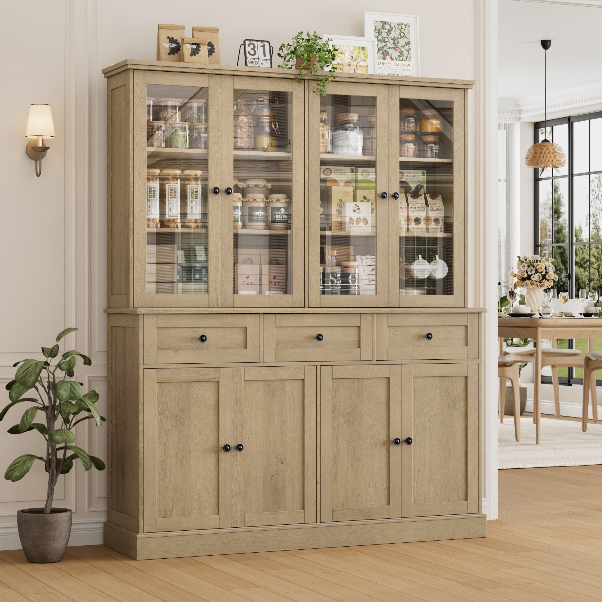Hiphuta 58"in Extened Wide Farmhouse Kitchen Pantry Storage Cabinet, 71"H Freestanding Hutch with 8 Doors and 3 Drawers for Kitchen, Oak