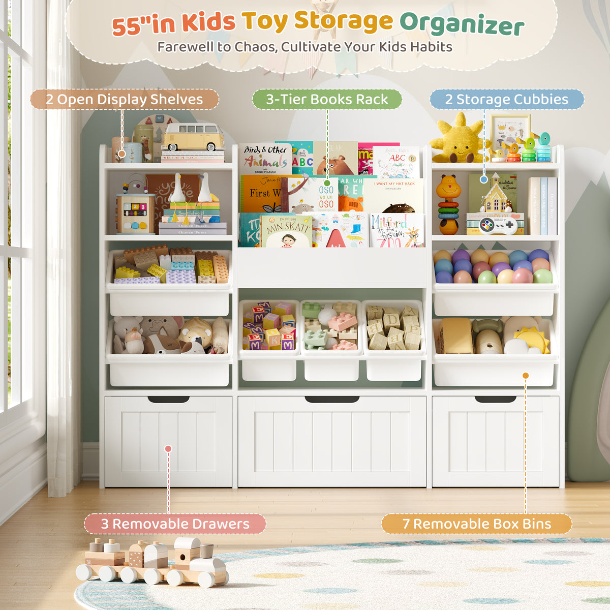 Hiphuta 56”W Kids Toy Storage Organizer with Bookshelf, 3 Removable Drawers & 7 Toy Boxes, Large Wood Toy Organizer for Playroom, Bedroom & Living Room, White