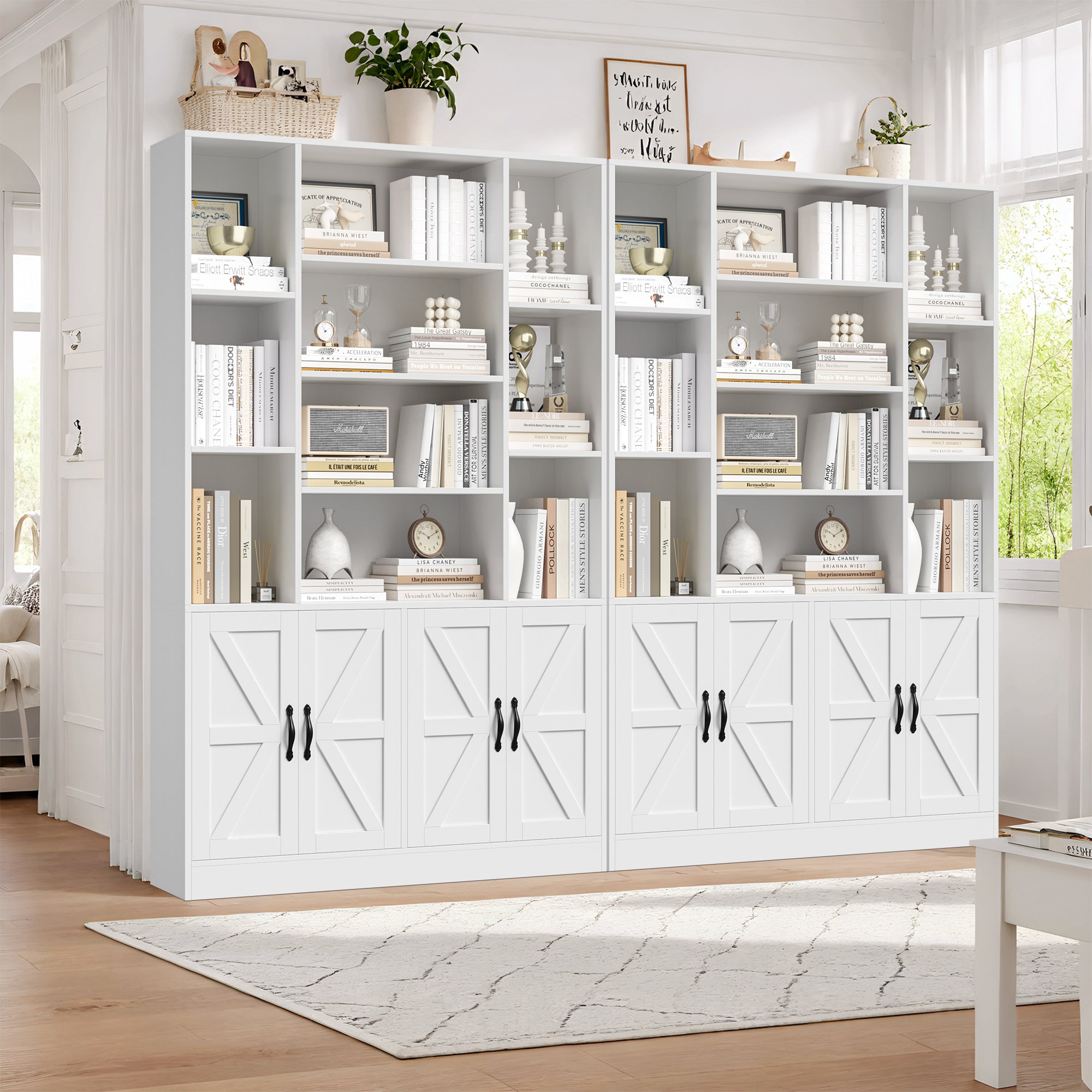 Hiphuta 74.8" Tall Bookcases with 2 Double Door Cabinet, Wooden Storage Bookshelf for Living Room Home Office, White