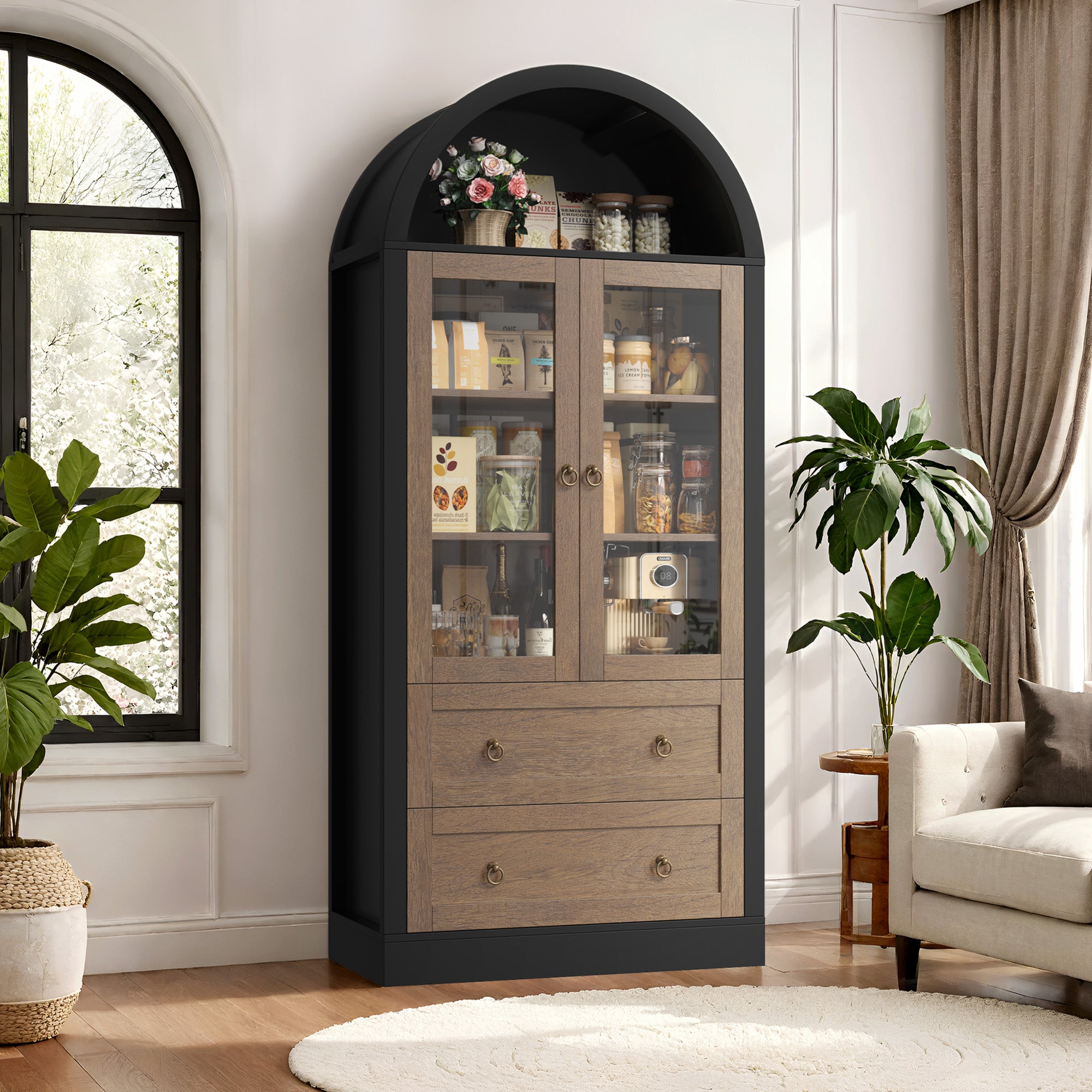 Hiphuta 70" Tall Arched Kitchen Pantry Storage Cabinet with 2 Large Drawers, Freestanding Modern Farmhouse Versatile Hutch Cupboard for Dining Room, Black & Oak