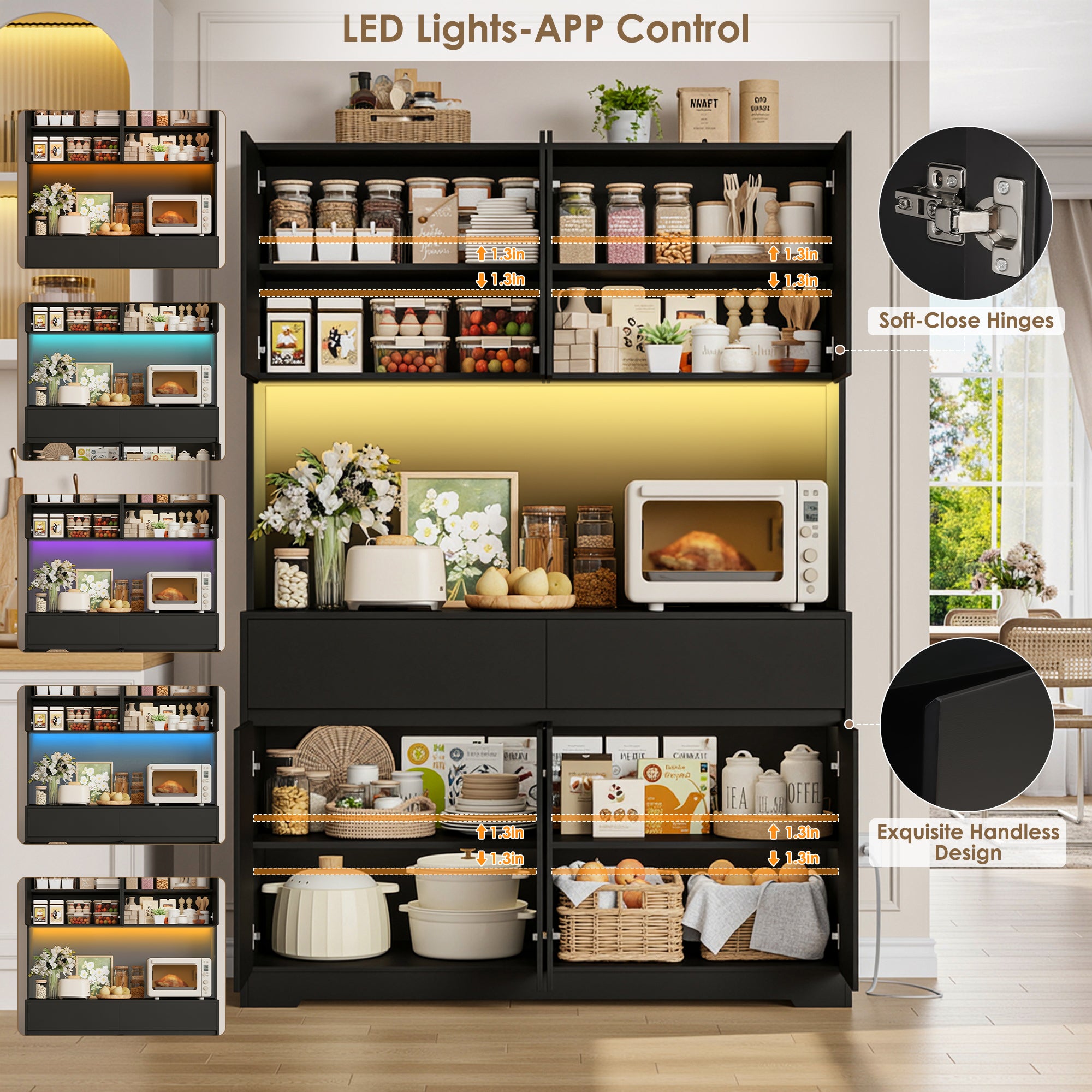 Hiphuta 71"Tall Modern Pantry Cabinet with Charge Station & Led Light, Freestanding Kitchen Hutch Cabinet for Dining Room, Black