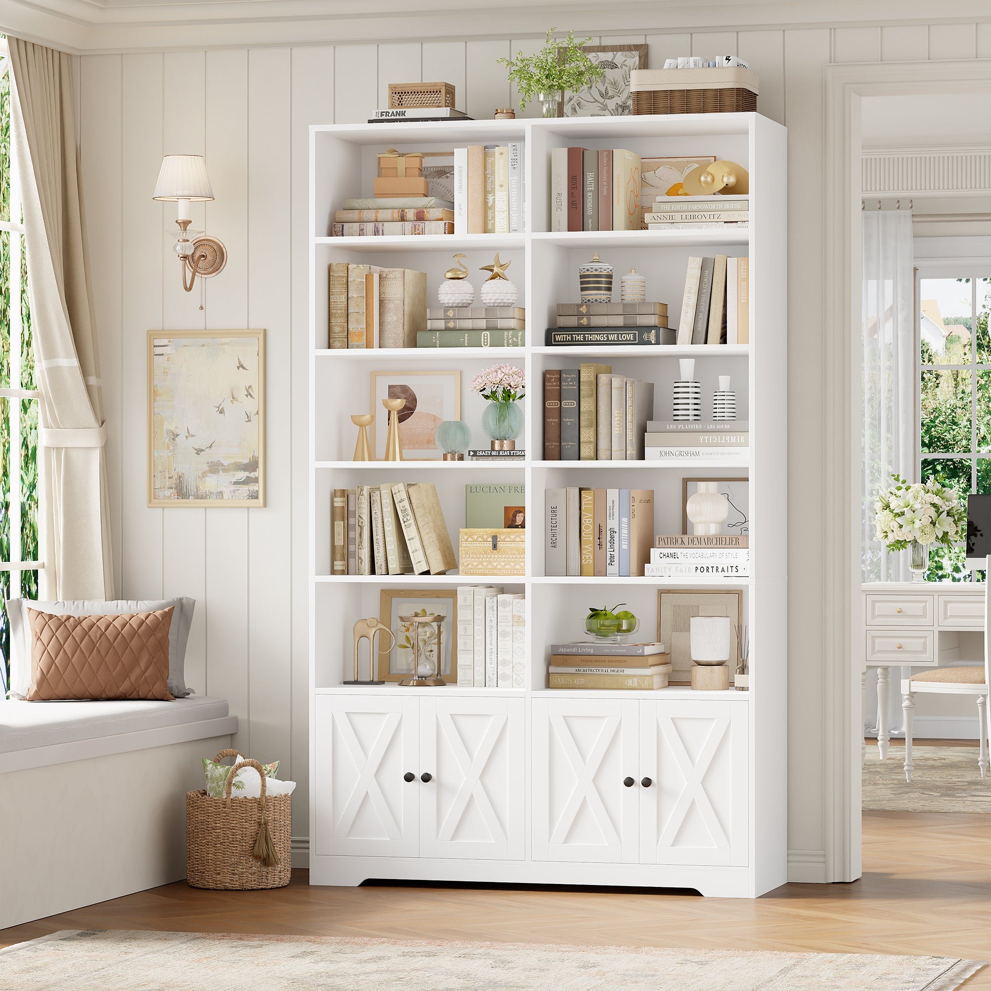 Hiphuta 78"H x 47"W Bookcase with Doors, Tall Bookshelves with Storage, 5-Tier Shelves Freestanding Display Bookcase for Home Office and Living Room, White