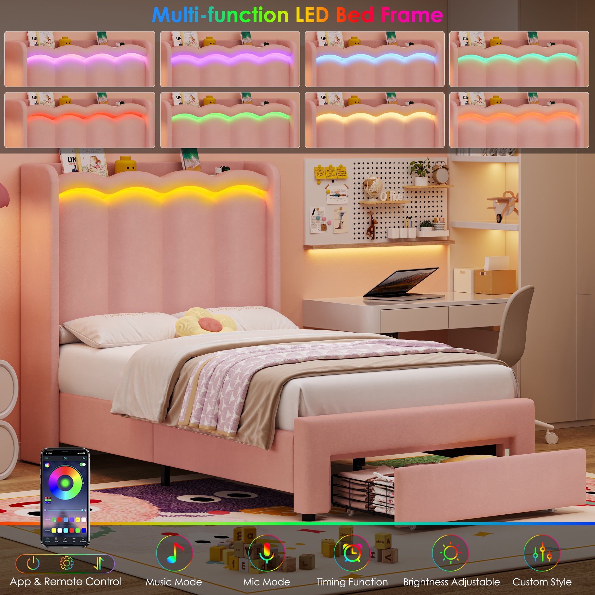 Hiphuta Twin Size Bed with Power Outlet & LED, Upholstered Princess Beds with Drawer, Twin Beds with Headboard Storage, Pink