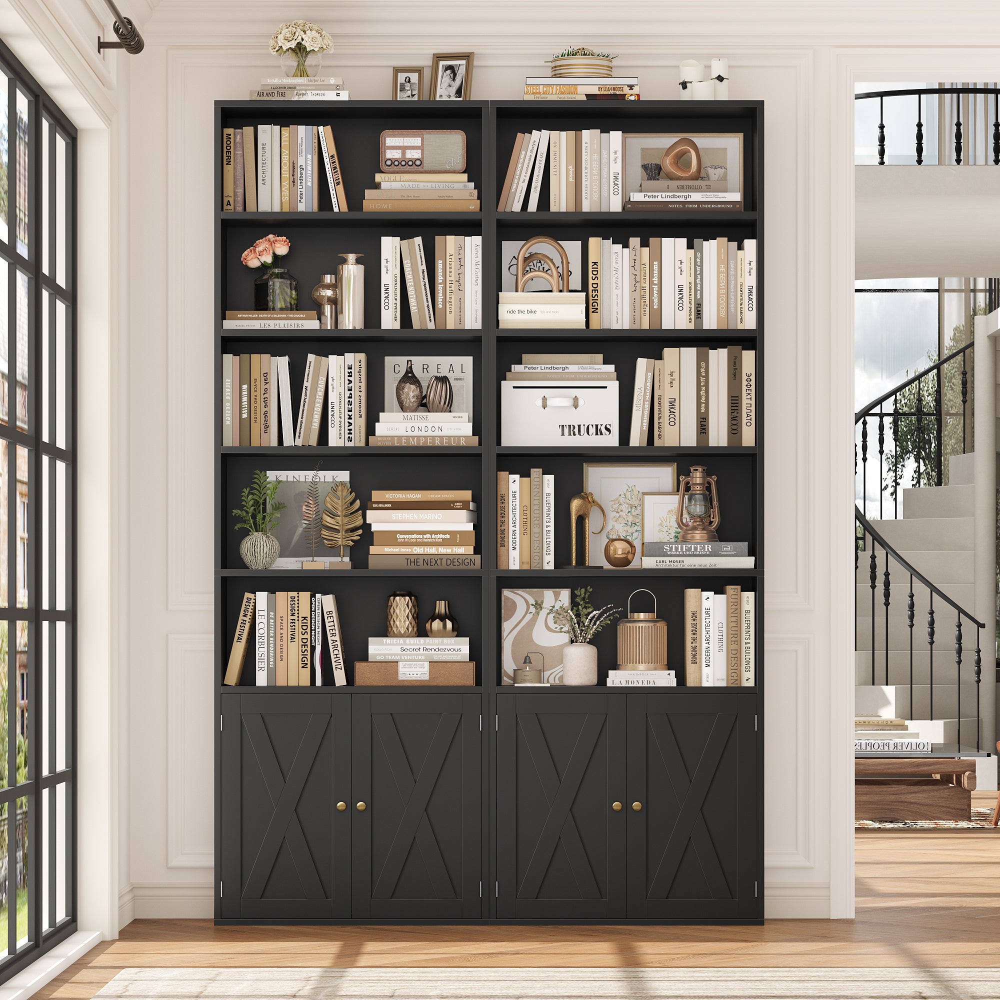 Hiphuta 81.5" Tall Bookcase with Doors, 5-Tier Bookshelves with Storage, 23.6"W Display Shelf with 2 Doors for Home Office, Living Room, Black