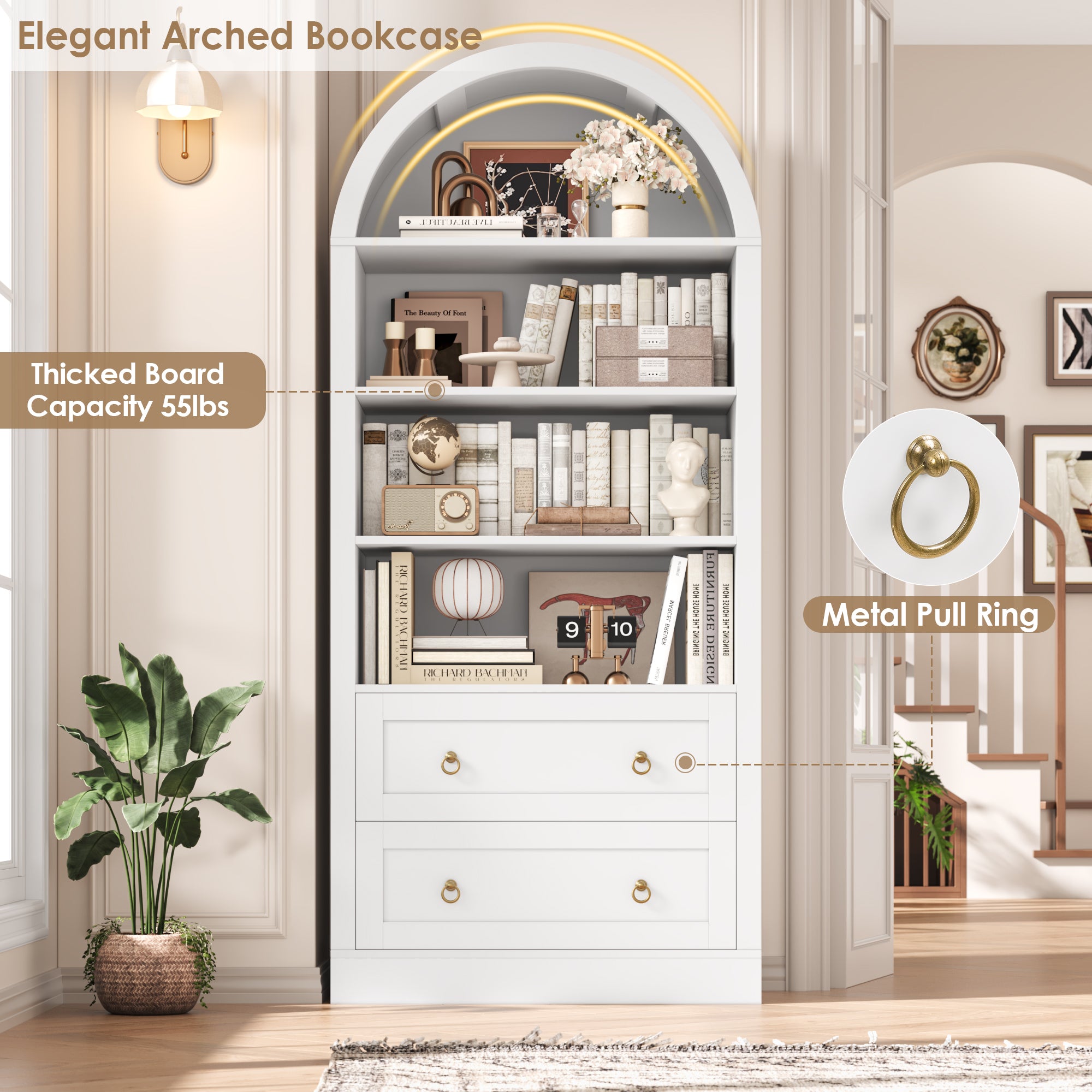 Hiphuta Arched Bookshelf with 2 Drawers, Standard Tall Wood Bookcase for Home Office, White