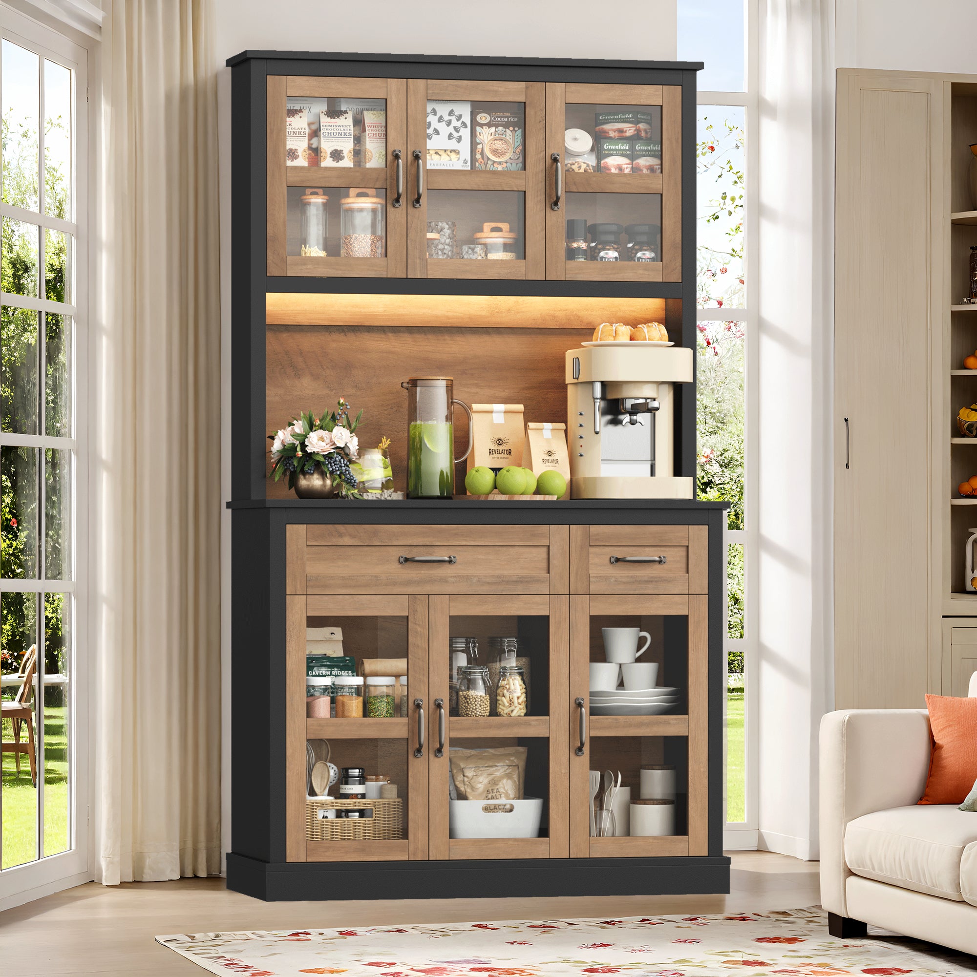 Hiphuta 71" Pantry Cabinet with Charging Station, Kitchen Pantry Storage Cabinet with Microwave Stand & Wine Rack, Food Wooden Pantry Cabinet with Countertop for Dining Room, Black & Oak