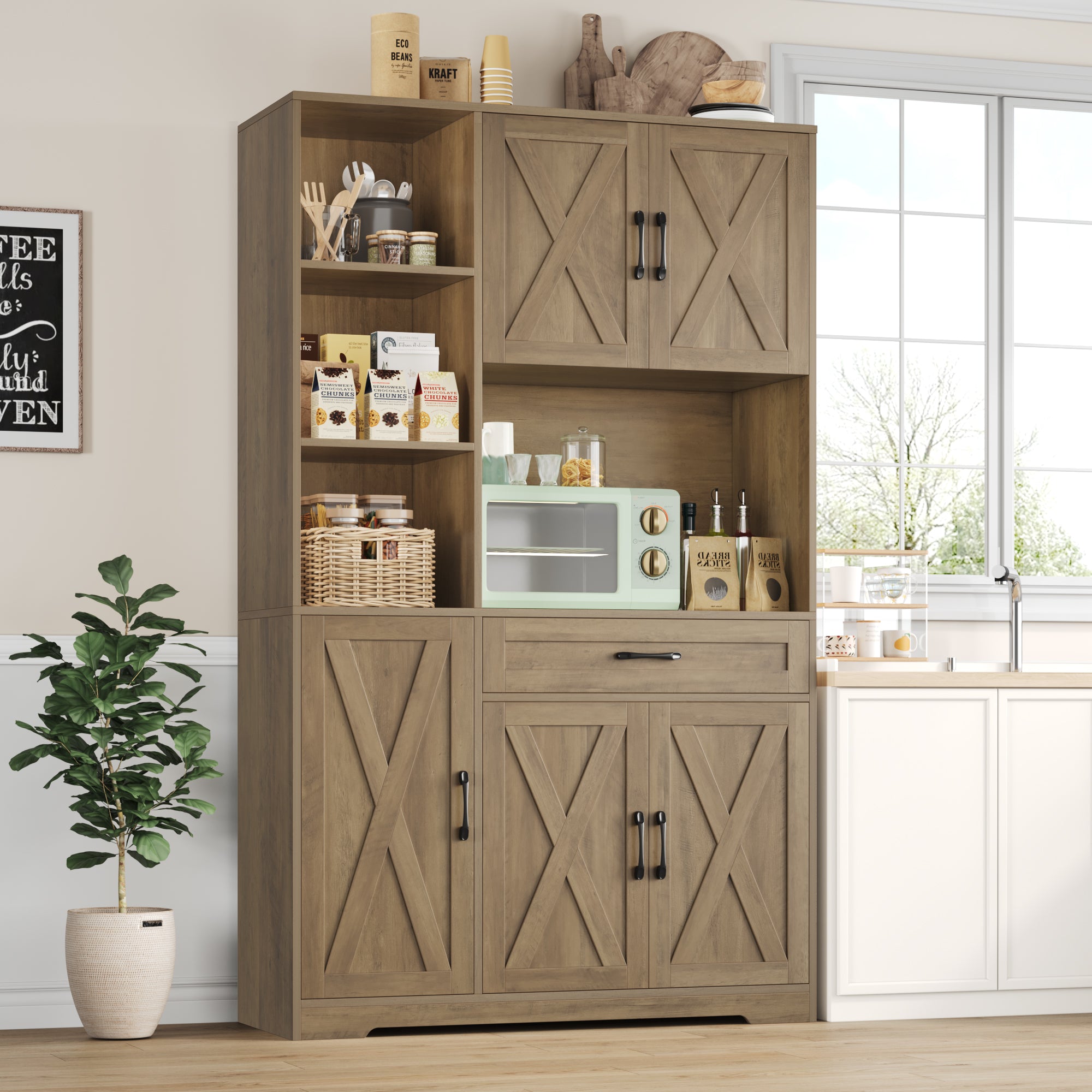 Hiphuta 71" Farmhouse Kitchen Pantry Storage Cabinet, Freestanding Hutch with Doors, Shelves & Microwave Stand, Cupboard for Dining Room, Rustic Brown