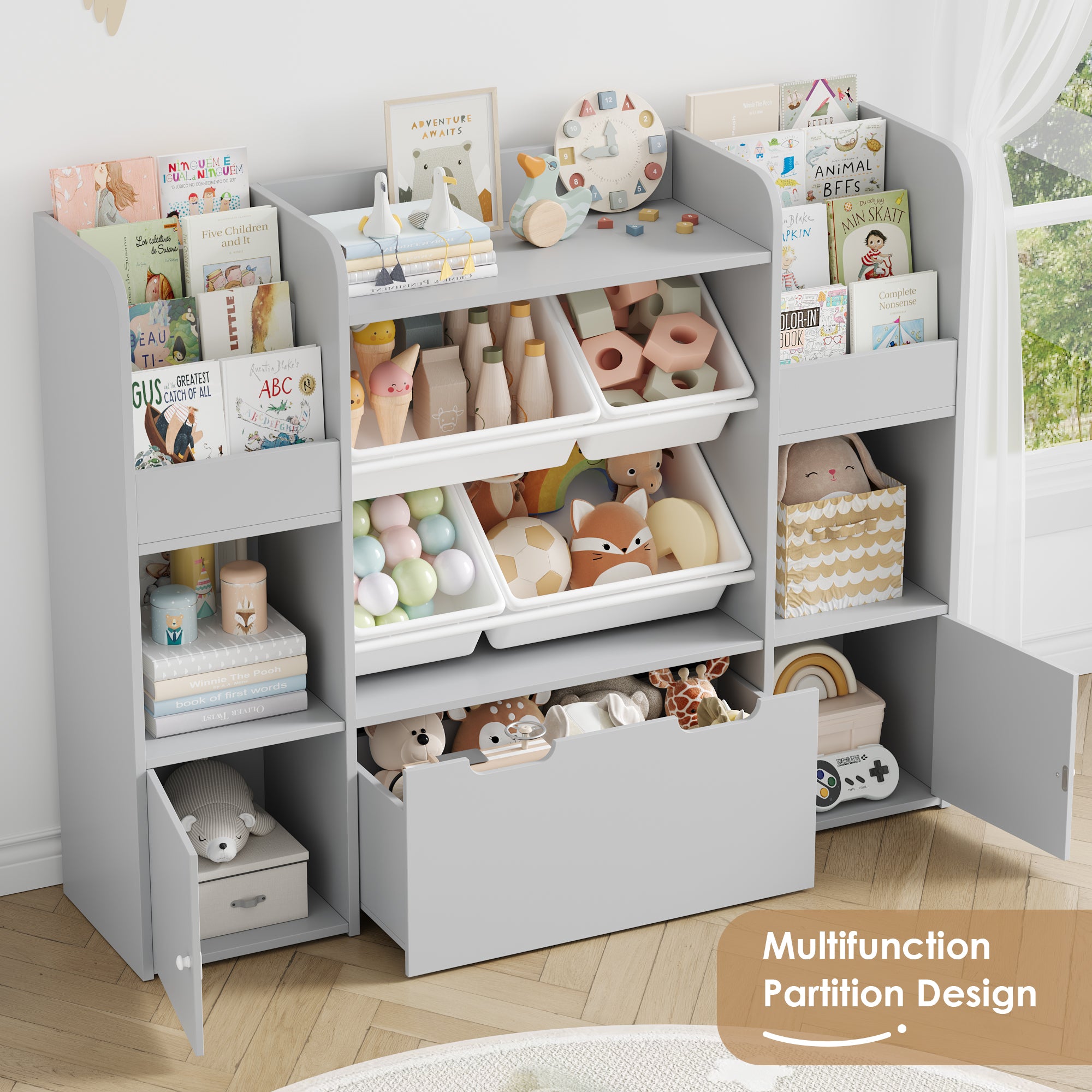 Hiphuta Kid Storage Toy Organizer, Wood Toy Storage Organizer with 4 Toy Boxes, Kids Bookcase with Book Rack, Gray