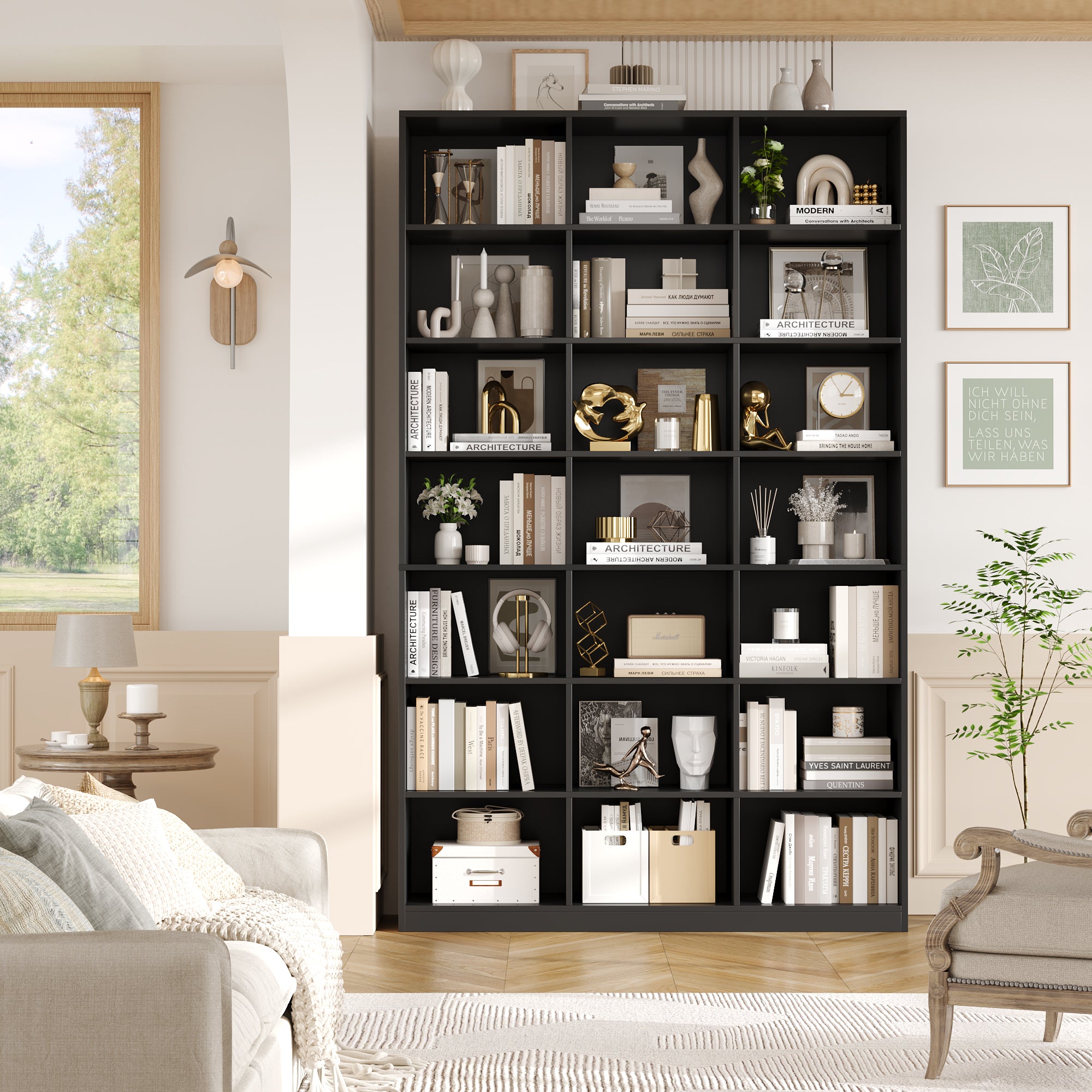 Hiphuta 86"H x 47"W Wood Triple 7-Tier Standard Bookcase, Tall Bookcase for Bedroom, Living Room and Office, Freestanding 21 Cubes Display Storage Shelves, Black