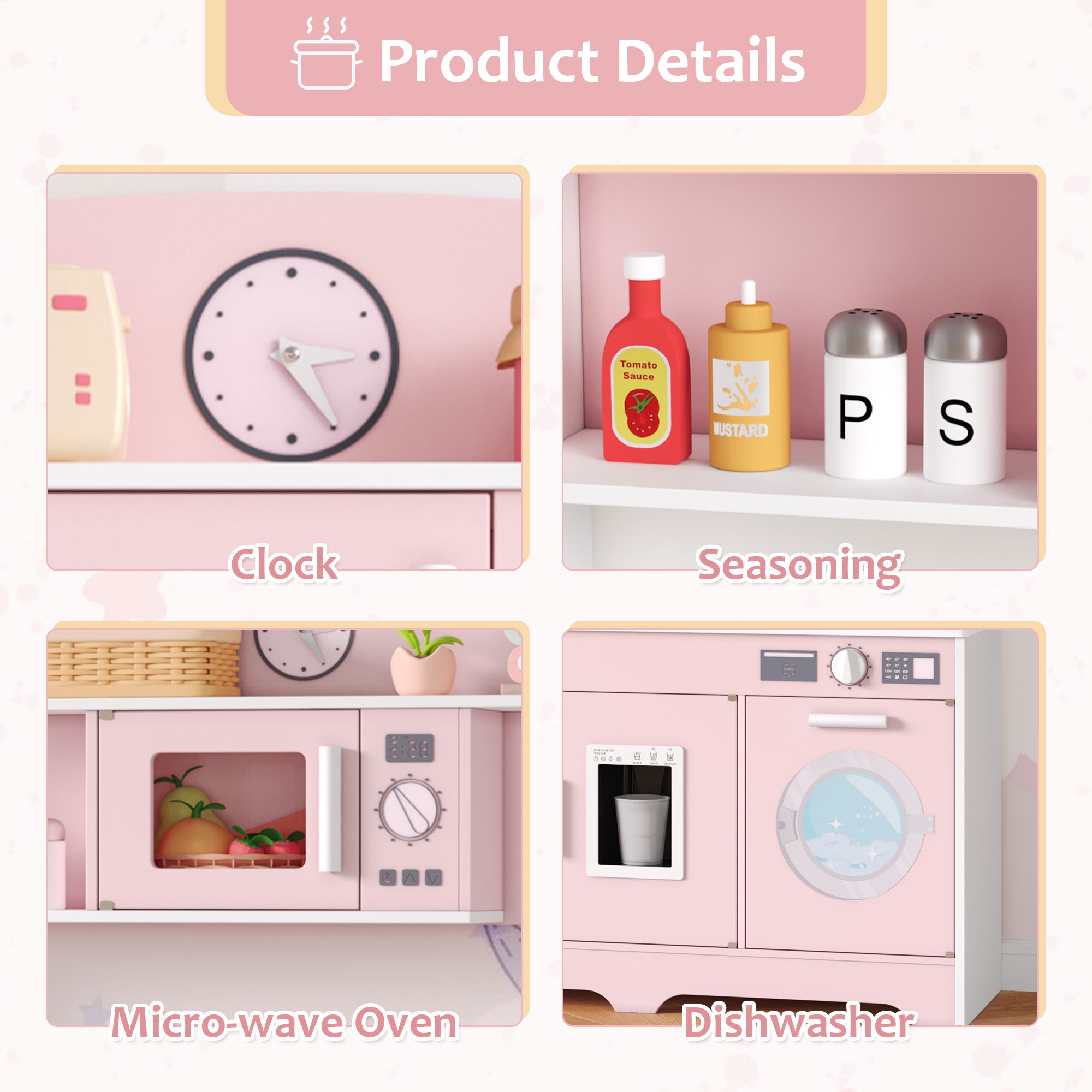 Hiphuta Play Kitchen for Kids, Wooden Kids Kitchen Playset with Plenty of Play Features, Chef Pretend Play Set for Boys and Girls Age Ages 3-10, Toys Kitchen with 11 Pcs Accessories, Pink