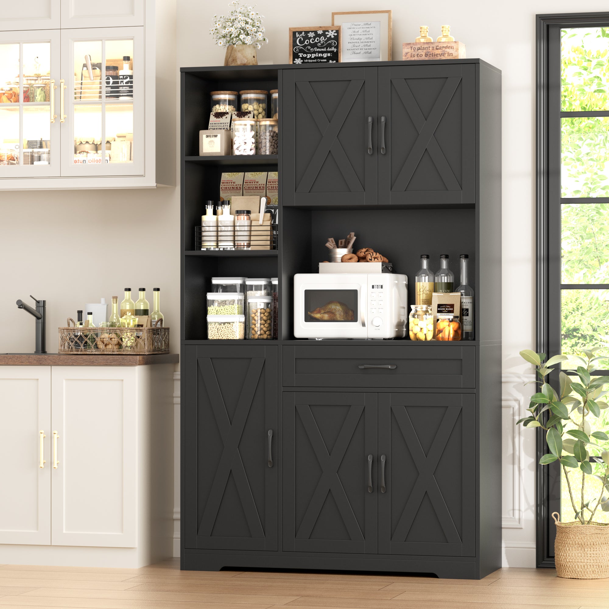 Hiphuta 71" Farmhouse Kitchen Pantry Storage Cabinet, Modern Coffee Hutch with Doors, Shelves & Microwave Stand, Cupboard for Dining Room, Black
