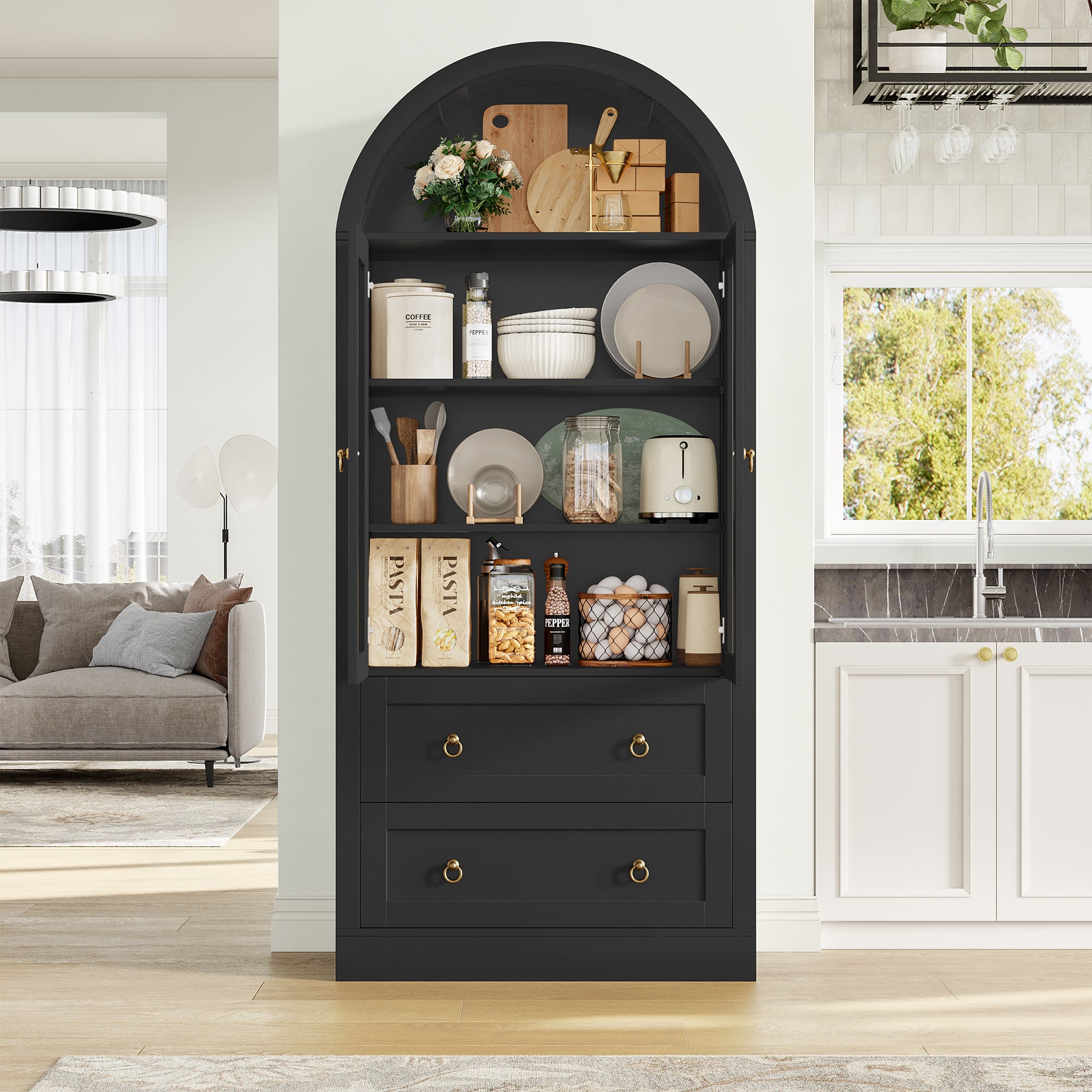 Hiphuta 70" Tall Arched Kitchen Pantry Storage Cabinet with 2 Large Drawers, Freestanding Modern Farmhouse Versatile Hutch Cupboard for Dining Room, Black