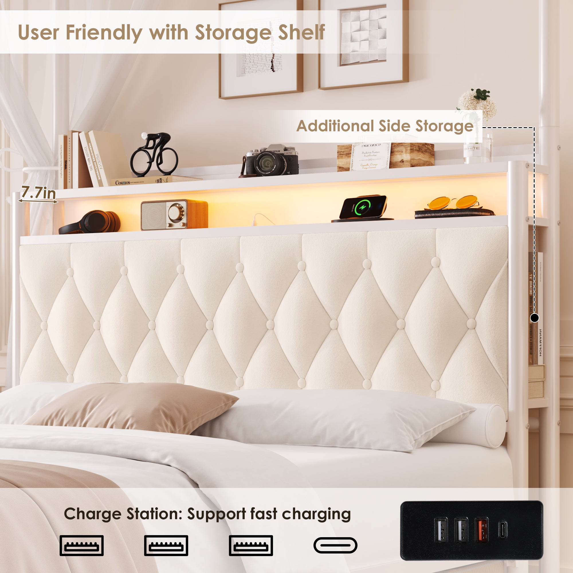 Hiphuta Queen Size Upholstered Canopy Bed with Charging Station & Storage Drawer, Metal Platform Bed with Button Tufted Headboard, Queen Velvet Bed for Adults, Curtain Not Included, Beige