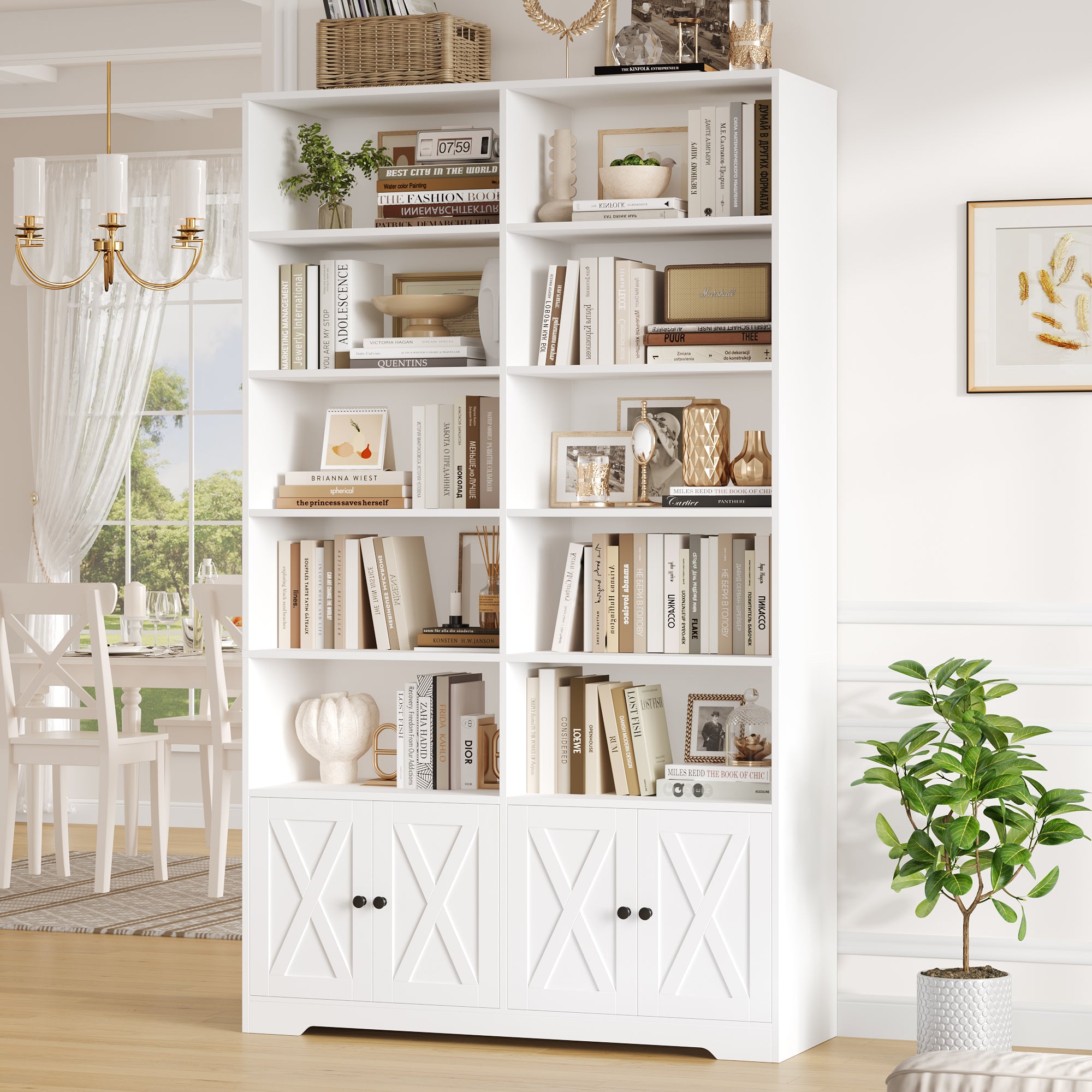 Hiphuta 78"H x 47"W Bookcase with Doors, Tall Bookshelves with Storage, 5-Tier Shelves Freestanding Display Bookcase for Home Office and Living Room, White