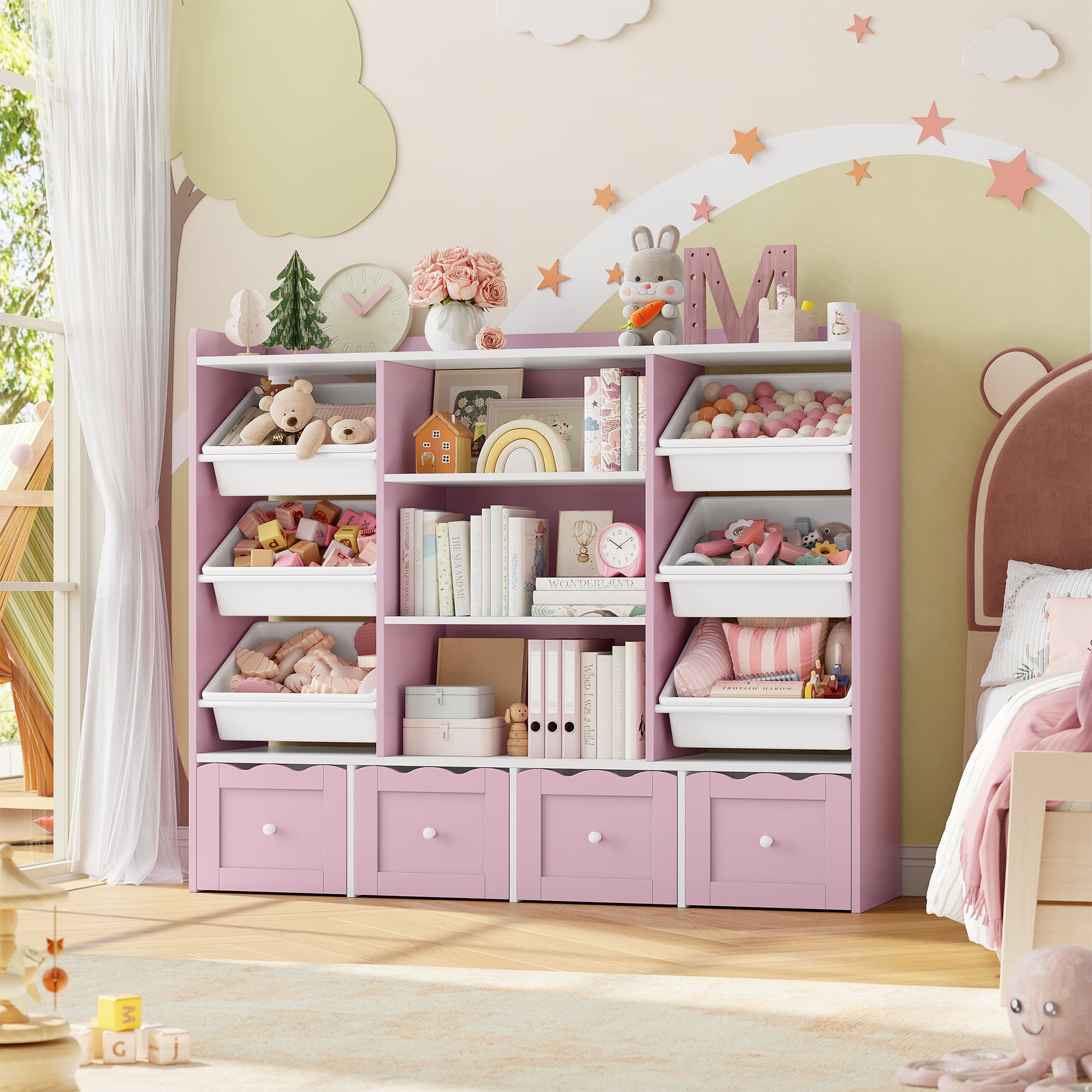 Hiphuta 55" Wide Toy Storage Organizer with 4 Removable Drawers, 4-Tier Kid Bookcase with 6 Bins, Toy Organizer with Bookcase for Kid Bedroom Playroom, Pink & White