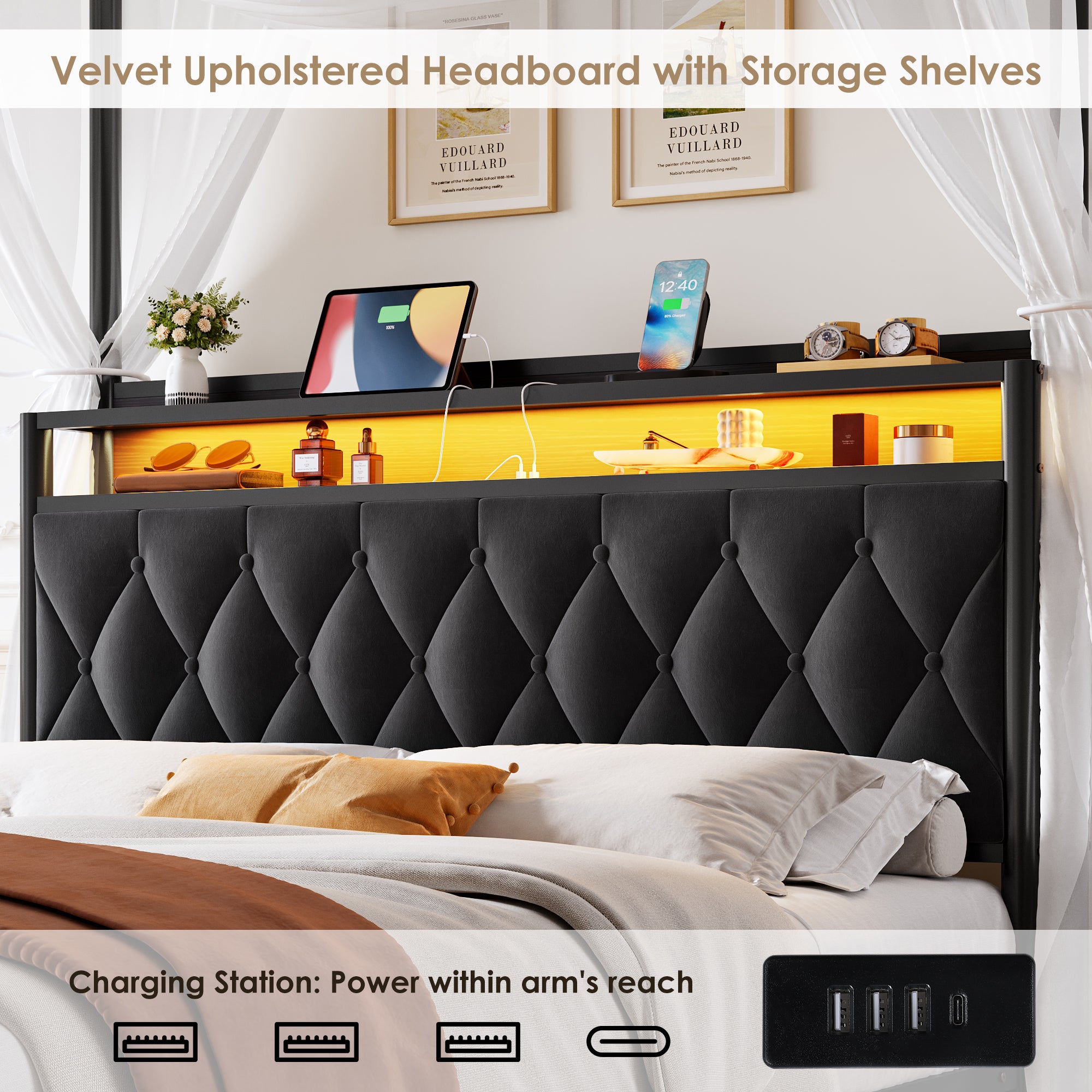 Hiphuta Full Size Upholstered Canopy Bed with Charging Station & Storage Drawer,Button Tufted Headboard with LED Light, Full Bed Frames, Black