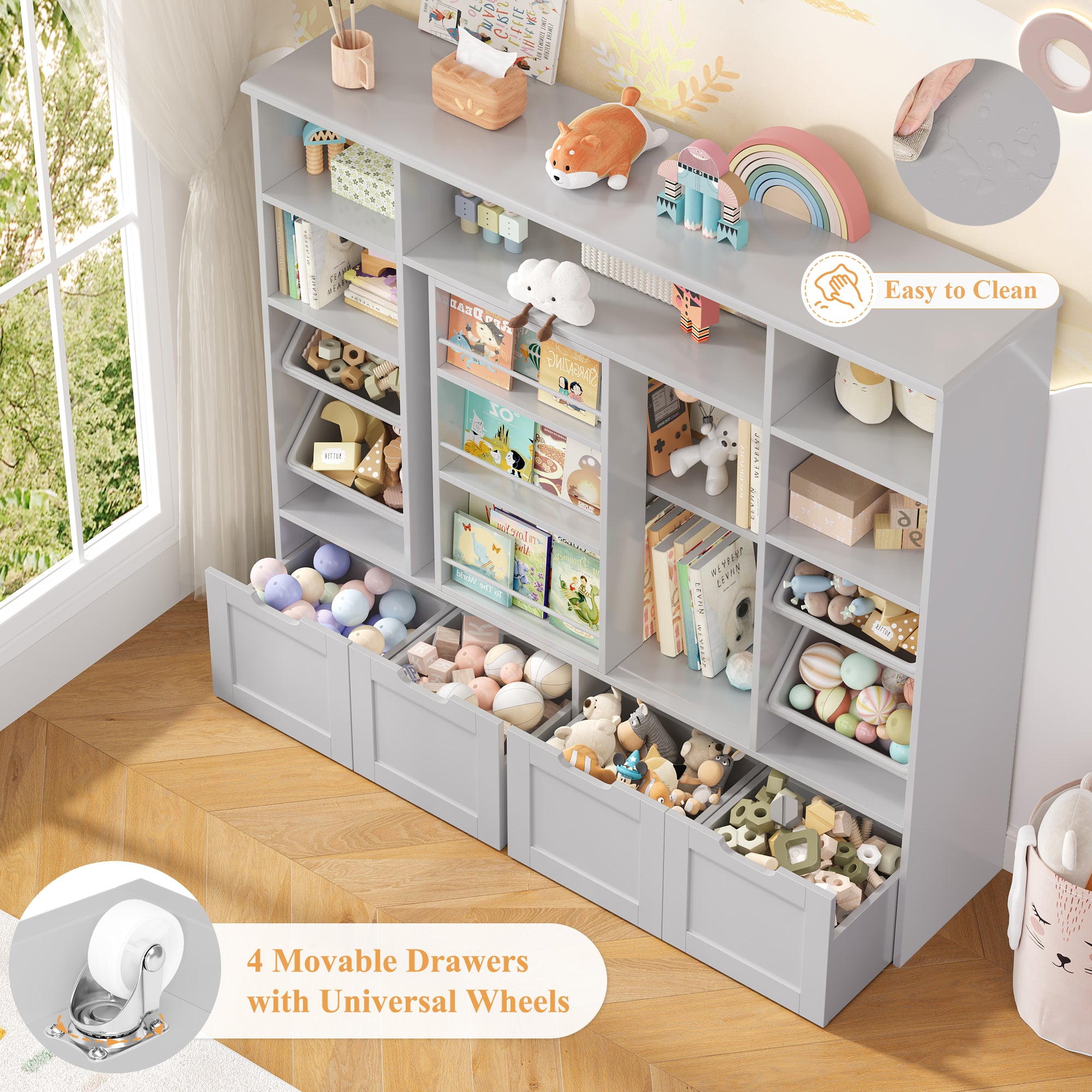 Hiphuta Kid Toy Storage with Bookshelf, Kid Toy Organizer with 4 Removable Drawers, Kid Bookcases with Toy Box for Kid Bedroom Playroom, Gray