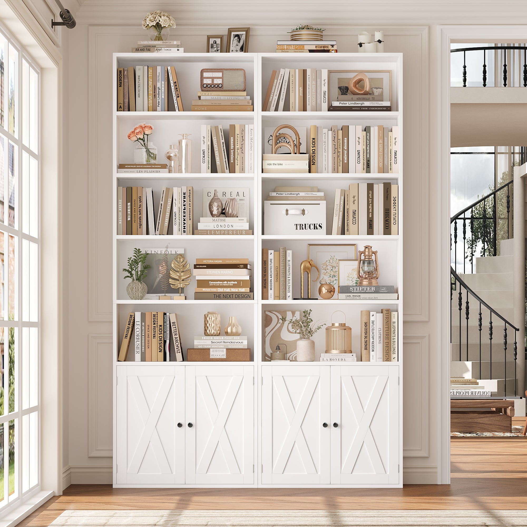 Hiphuta Dispaly Bookcase with 4 Shelves for Living Room, Wood Bookshelf with Storage, White Gold