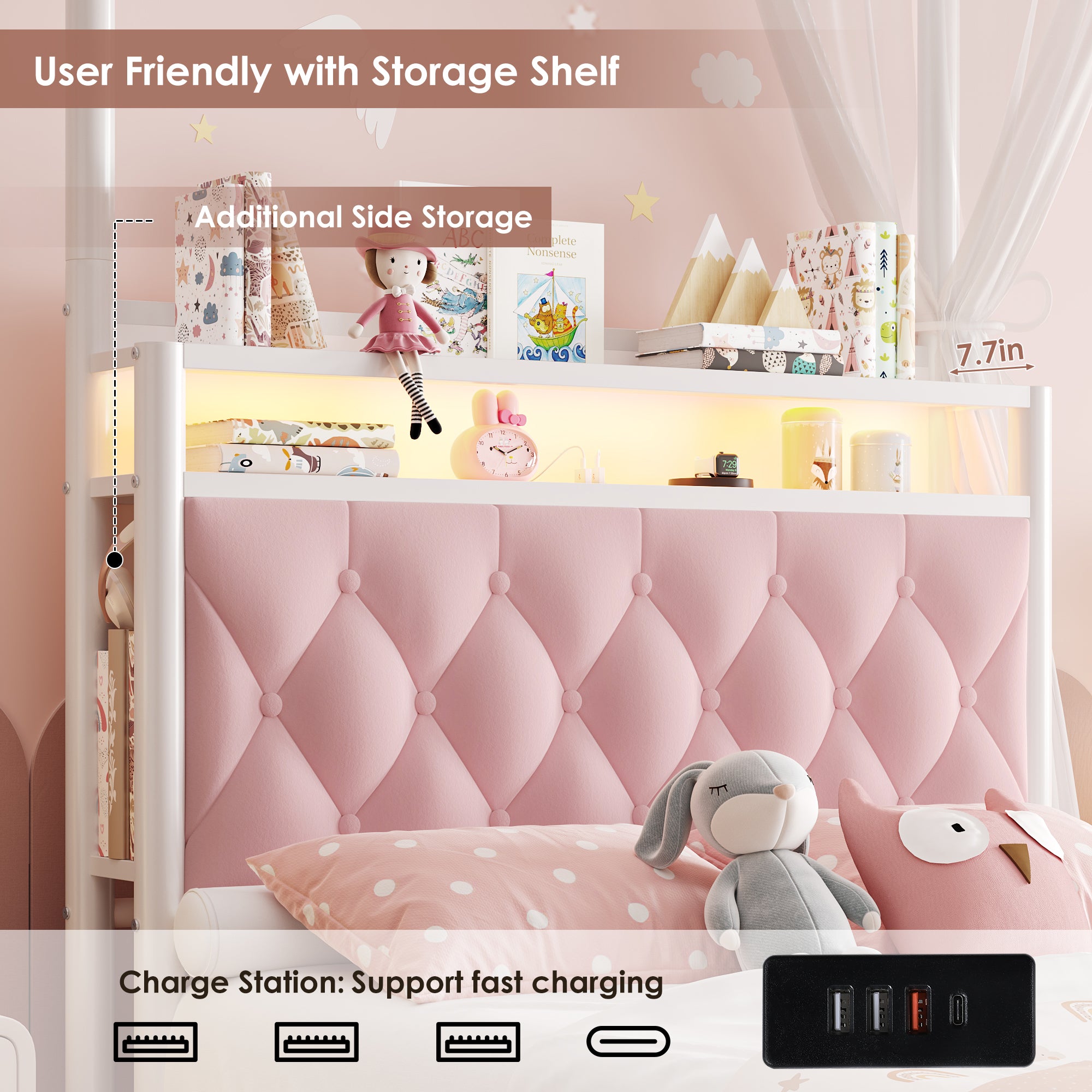 Hiphuta Twin Size Upholstered Princess Canopy Bed with Charging Station & Storage Drawer, LED Platform Bed with 4 Removable Posts, Twin Bed for Kids, Curtain Not Included, Pink
