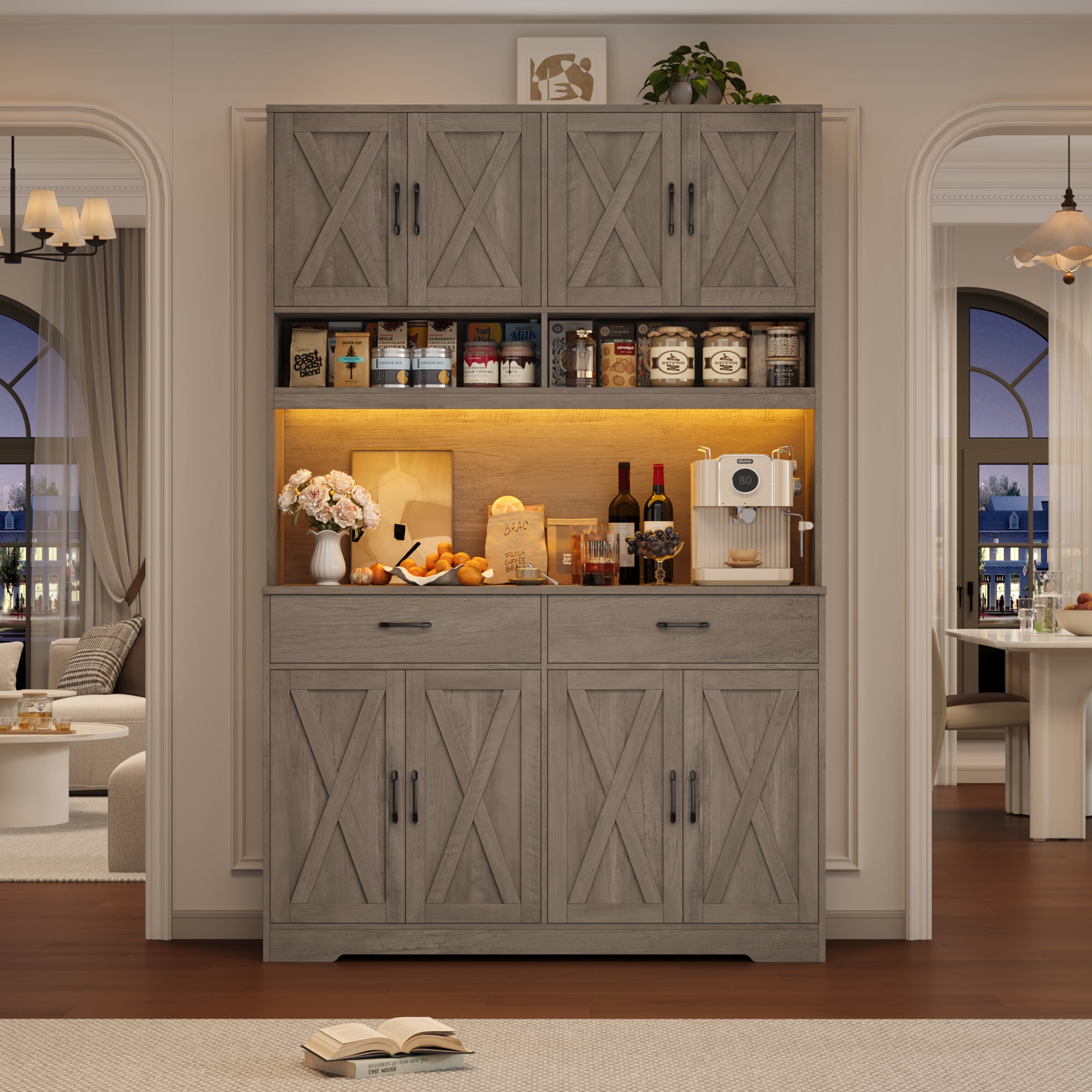 Hiphuta Farmhouse Kitchen Pantry Storage Cabinet, 75”H Freestanding Hutch with 8 Doors and 2 Drawers for Dining and Living Room, Ash Gray