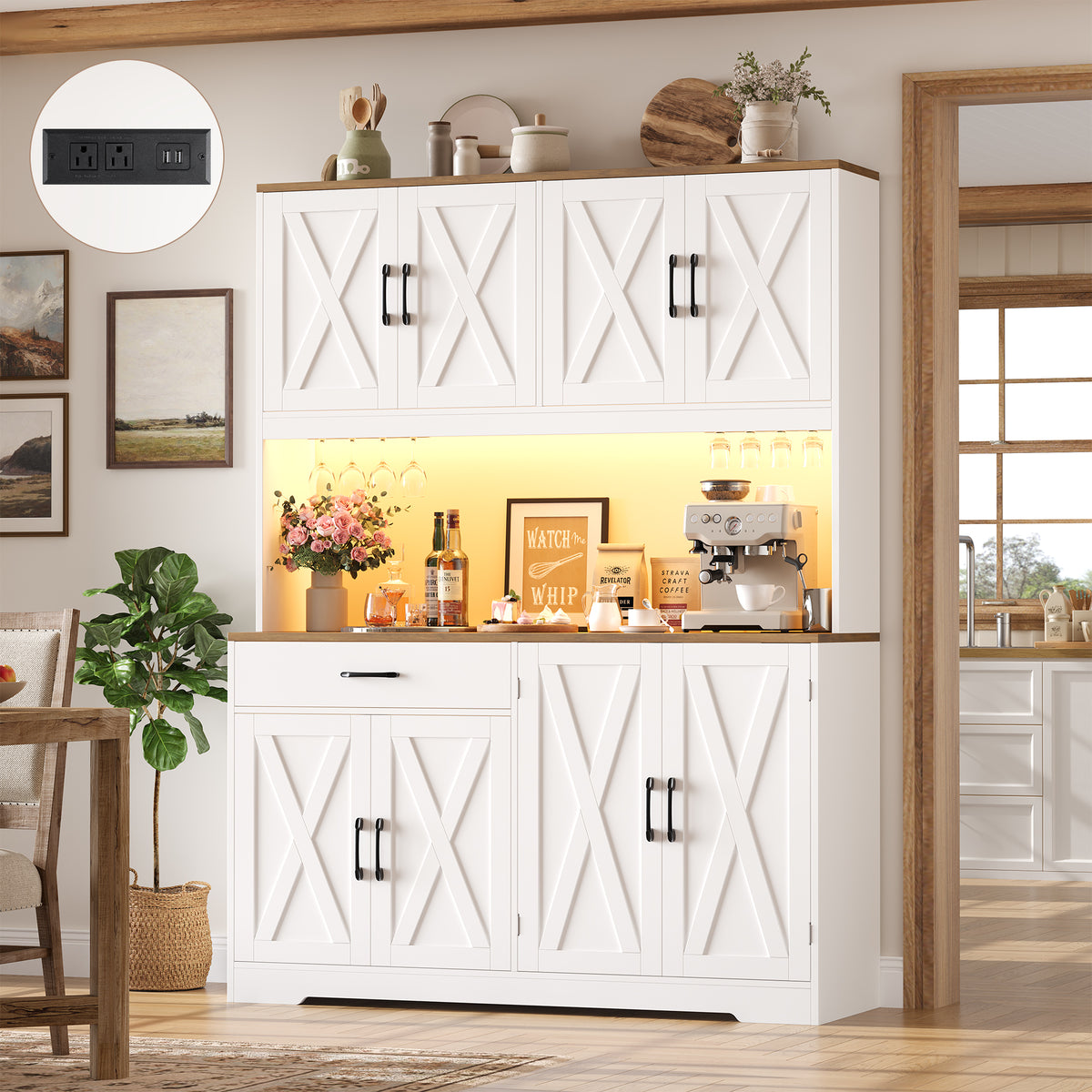 Hiphuta Large Kitchen Pantry Storage Cabinet with 8 Doors, Farmhouse Hutch Cabinet with RGB LED and Cup holders, White