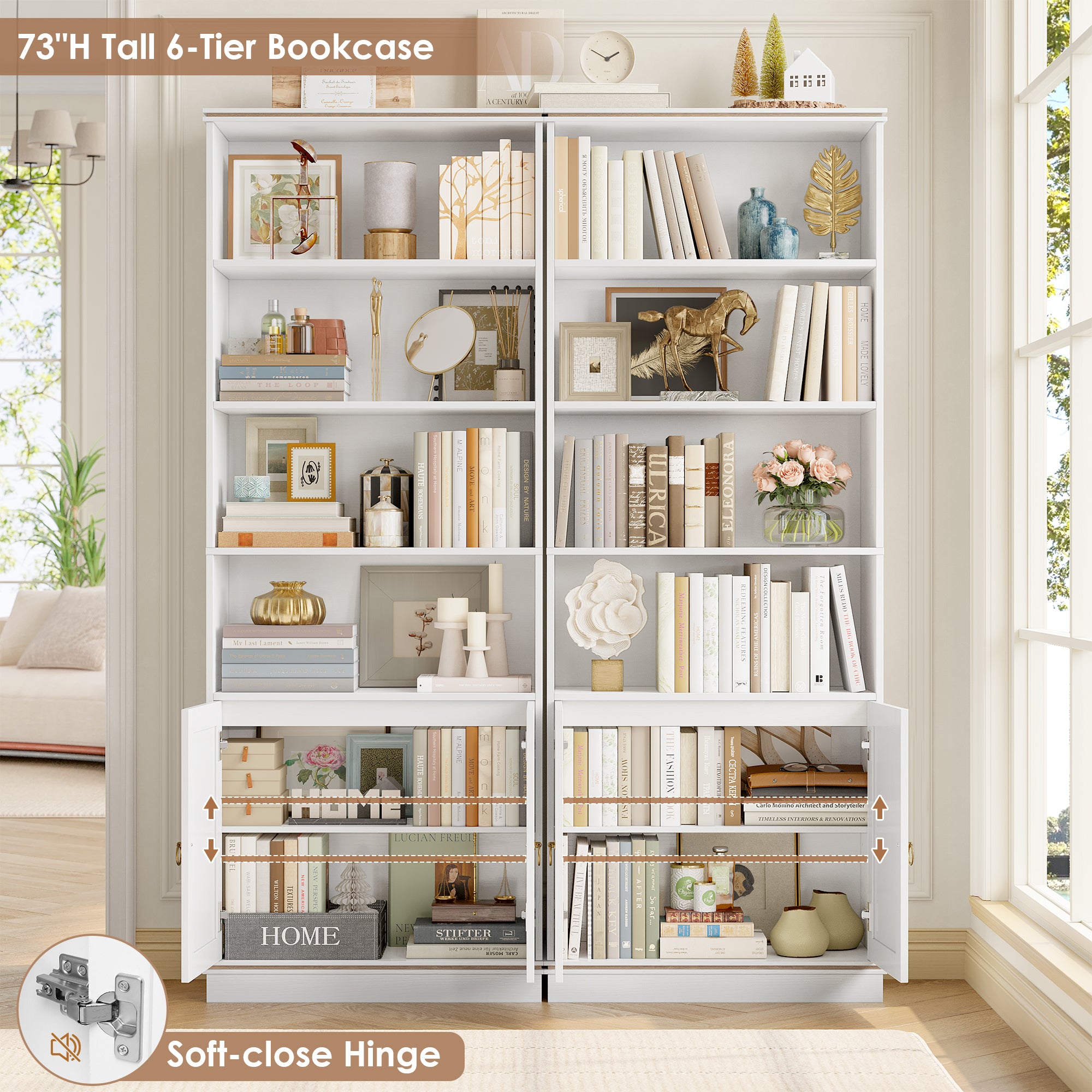 Hiphuta 73"Tall bookshelves with Storage, 4 Shelves Display Bookcase, Narrow Bookshelf with 2 Doors for Home Office, White