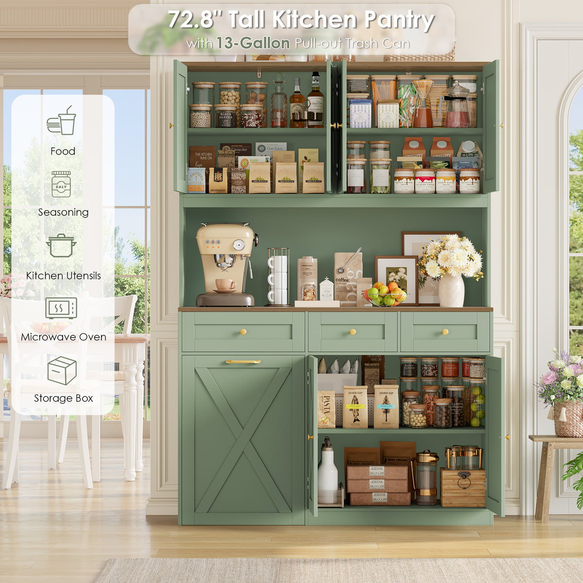 Hiphuta 73” Tall Kitchen Pantry Cabinet Fits 13 Gallon Trash Can Cabinet, Farmhouse Kitchen Storage Hutch with Pull Out Trash Can Storage for Dining Room Living Room, Green