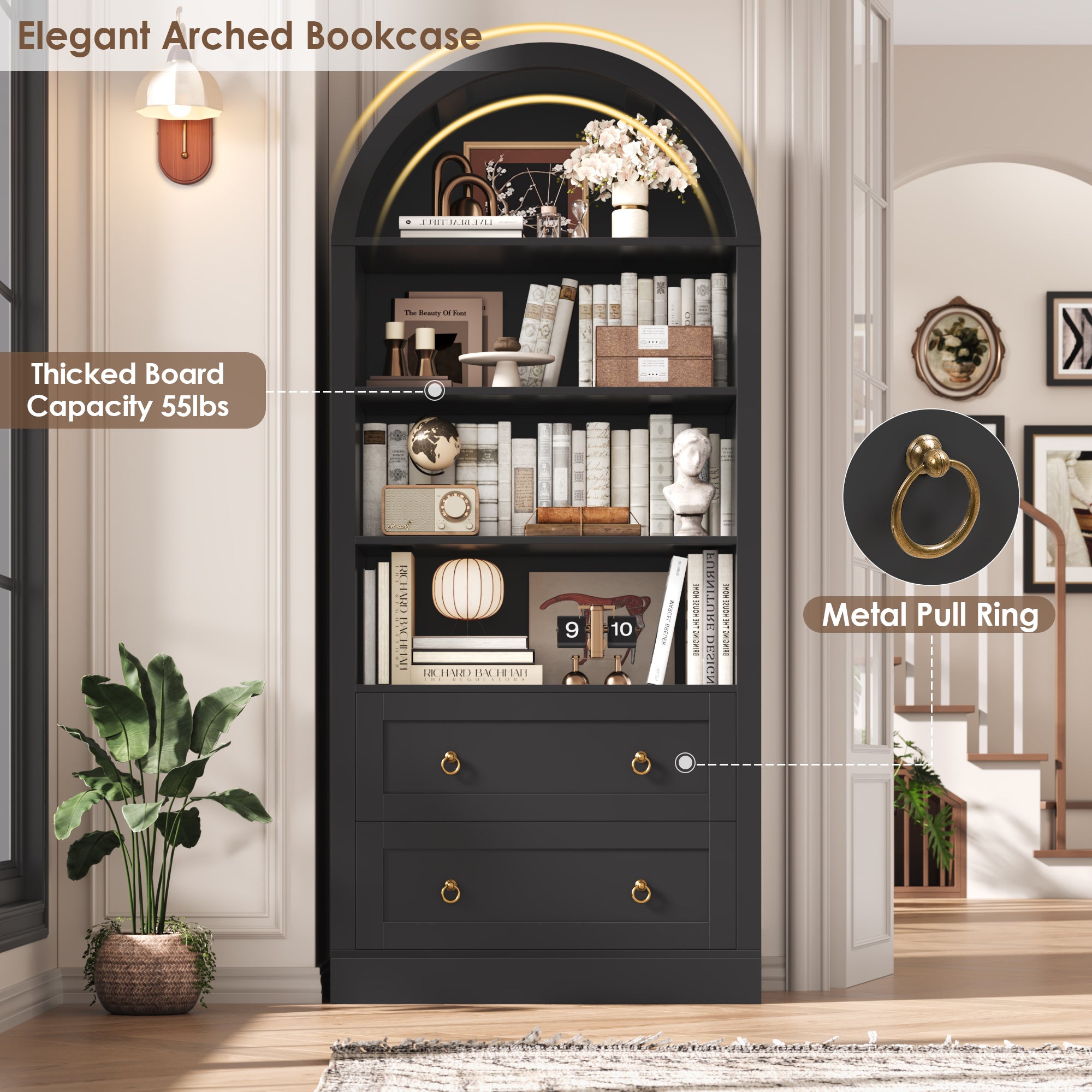 Hiphuta 70"Tall Arched Bookshelf, 4-Tier Bookcase with 2 Large Drawers, Wooden Display Shelf with Storage for Living Room Home Office, Black